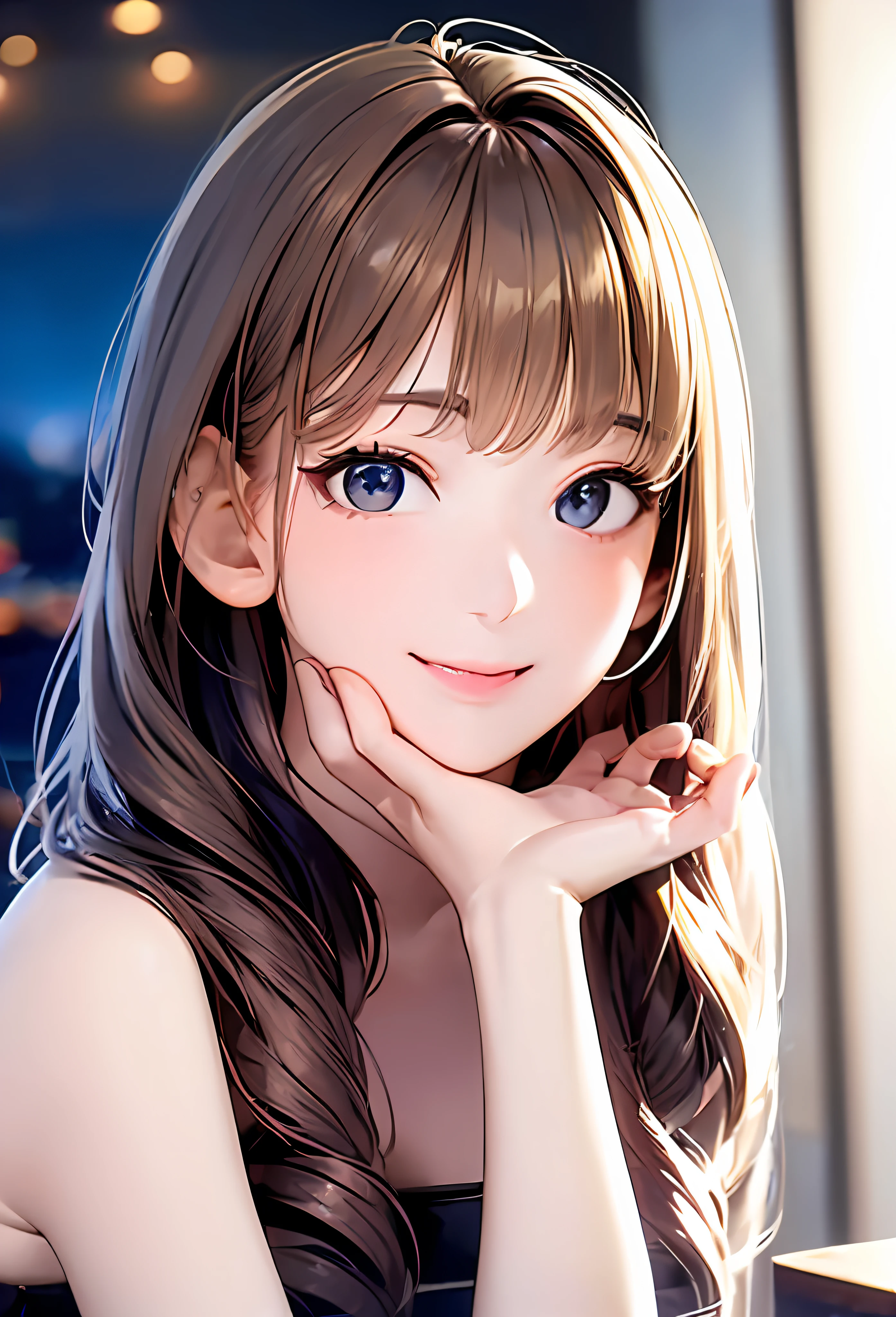 (in 8K、beste-Qualit、masterpiece:1.2)、(realisitic、photorealisitc:1.37)、(Professional Writing:1.6)、ultra-detailliert、女の子 1 人、cute little、独奏、mid night、Beautiful detailed sky、Detailed Cafe、sitting on、date、(Nasal blush)、 (Smile:1.15)、(Keep your mouth shut)small tits、beautiful huge eyes、Floating Hair NovaFrogStyle、Dress with open back
