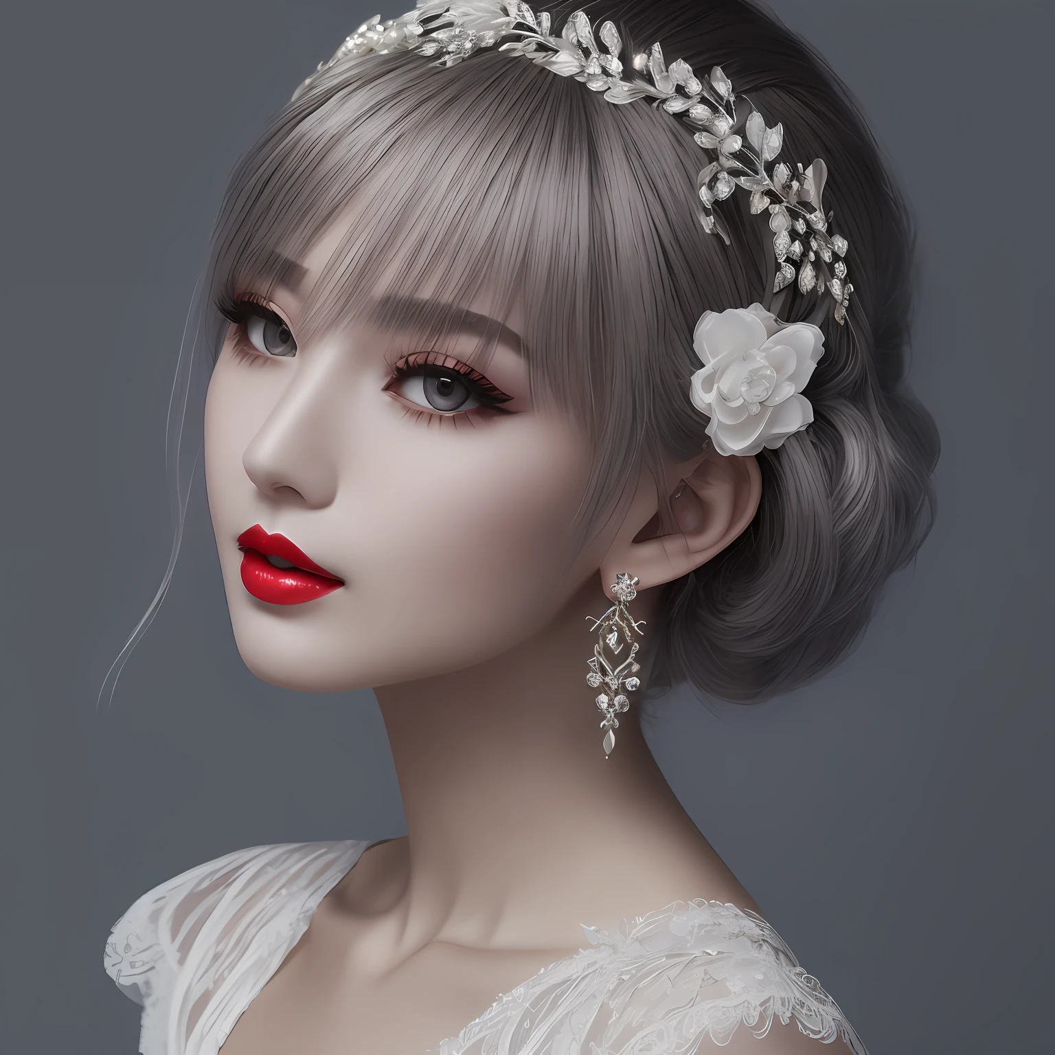 A delicate beauty，Redlip，Danfeng Eyes，White hair，elaborate faces，Delicate hair，White silk，Simple Dresses，crystal earrings，Exquisite hair accessories --auto