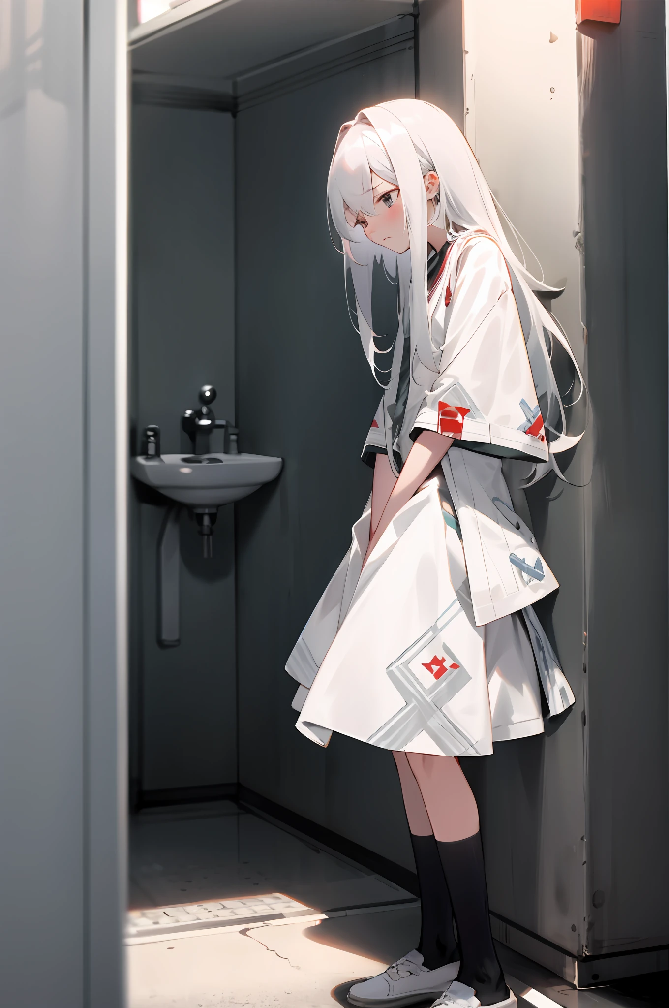 1 girl with long white hair and dress,1 girl is taking to lavatory,looks away,are standing,embarressed,Be red in the face,Keep one's mouth shut,street corner(girl is peeing self:0.4)
