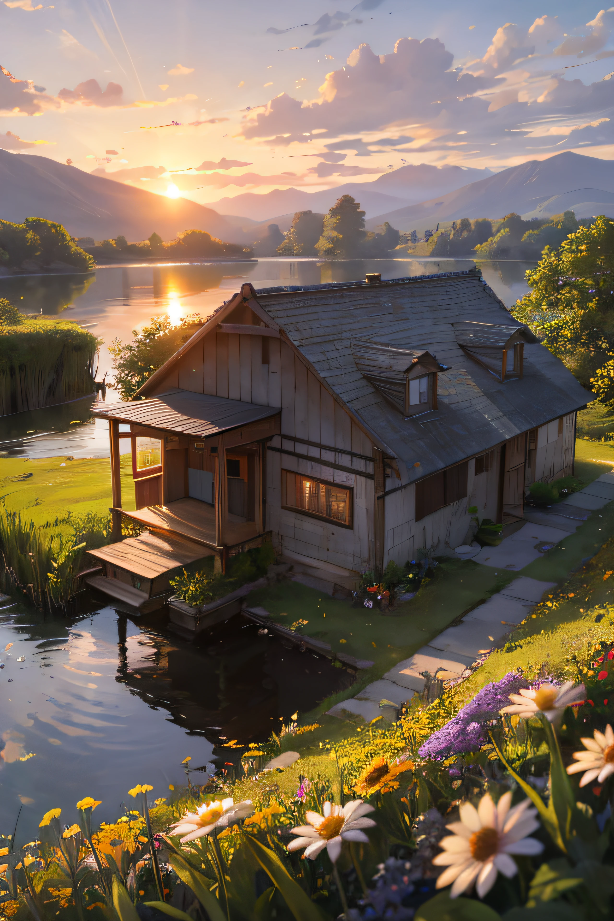 wooden house by a lake, sunset, next to the house is a colorful field of flowers, spring season