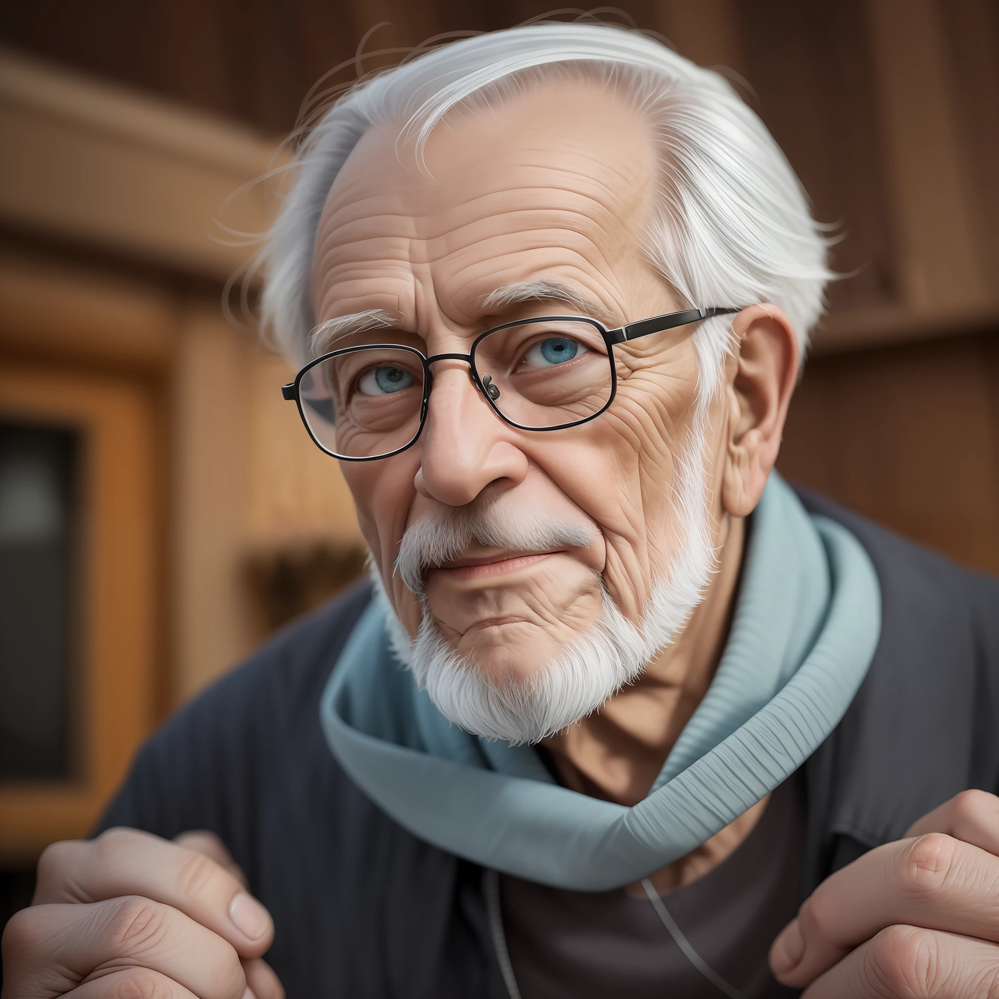 The camera begins with a close-up of the elderly man's face. Ele tem rugas profundas ao redor dos olhos e uma barba branca. His eyes are light blue and bright, and he's wearing reading glasses. The rocking chair is dark wood, com entalhes intrincados e um assento de couro marrom gasto. The landscape in the background is breathtaking, with a vibrant orange and red sky, snow-capped mountains and tall trees.