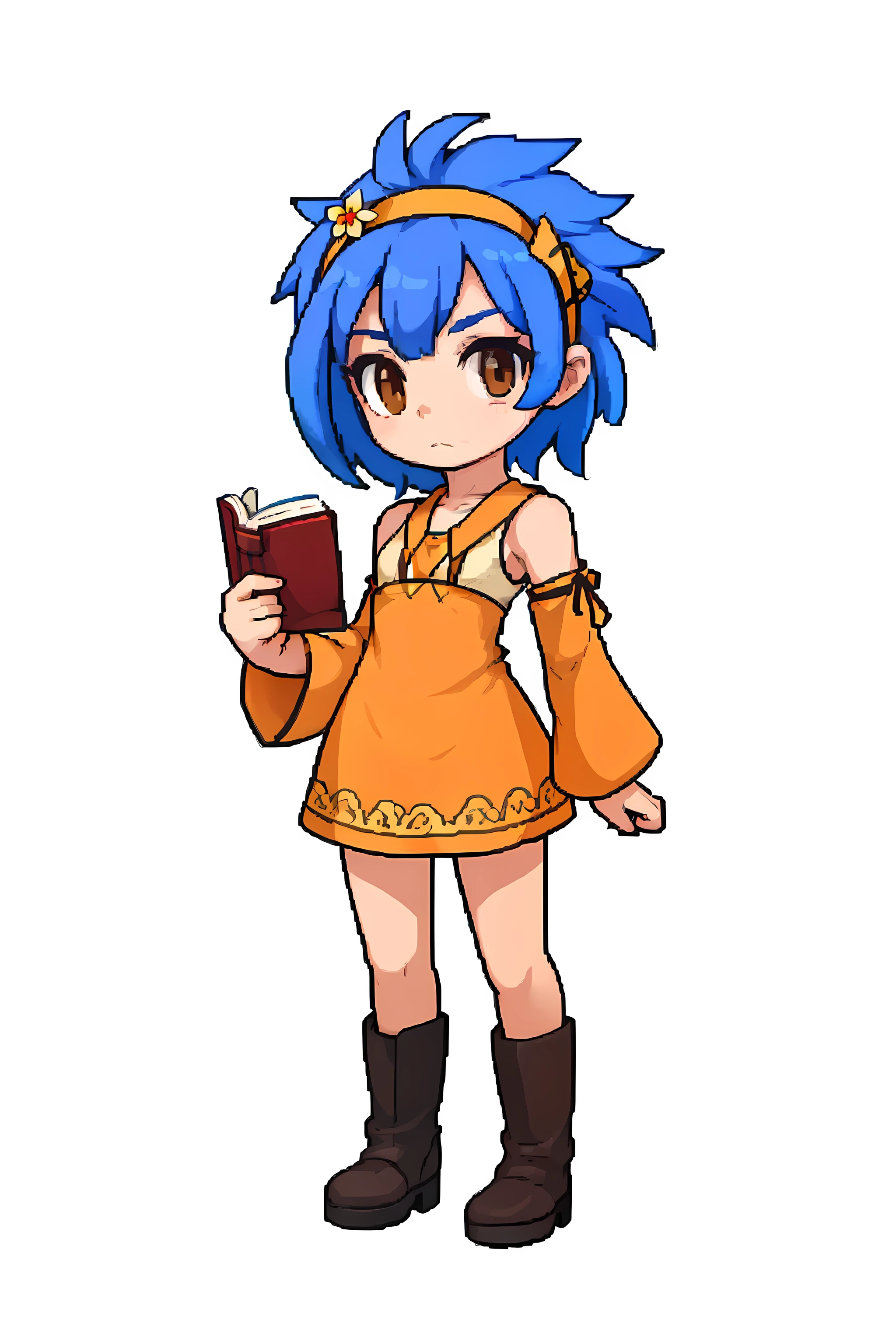 (masterpiece:1.4, top quality:1.4, intricate details, best quality:1.4, high quality:1.4, high detailed fingers, high detailed_hands), (beautiful, aesthetic, perfect, delicate:1.2), pixel, pixel style, sprite, sprite style, pixel art, sprite art, (top, best, and high for pixel and sprite), Official art, anime style art, 1girl, young female, full body, Levy Mcgarden, bare arms, bare shoulders, collarbone, short hair, blue hair, detailed blue hair, spiked hair, (hair ornament, hair flower, hairband, yellow_hairband), brown eyes, detailed brown eyes, perfect face, perfect fingers, best ratio for five fingers, chest, frim chest, small chest, perfect breasts, looking at viewer, mouth, closed_mouth, Cowboy shot, solo standing, (book, holding, perfect_holding, holding_book), full body, dress, orange_dress, orange_shirt, (sleeveless, detached_sleeves), (pantyhouse, black_legwear, boots, brown_footwear), simple background, white background