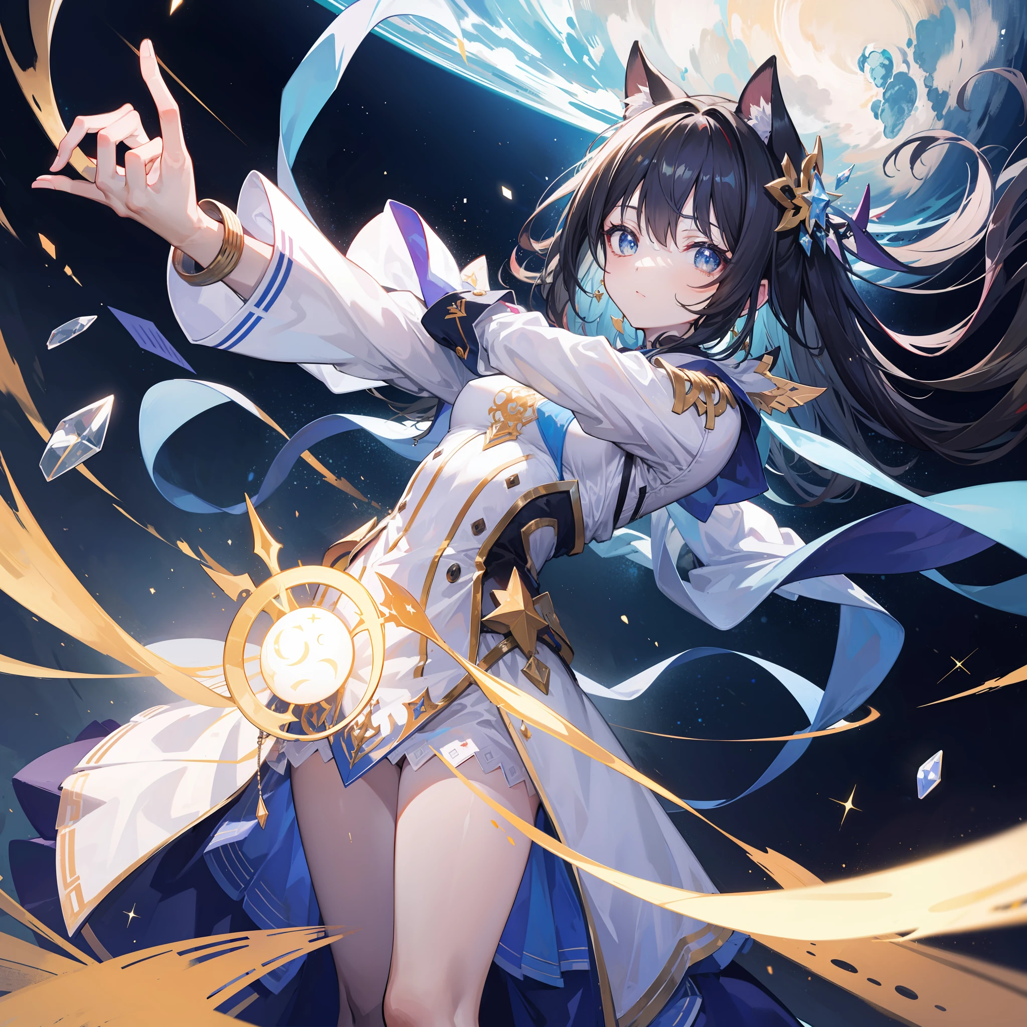 （tmasterpiece）， （best quailty：1.4）， Kizi， [：intriciate detail：0.2]， galactic， skyward， A flashing halo， Strong focus， Crackling energy， Mysterious symbol， sparkling motes，