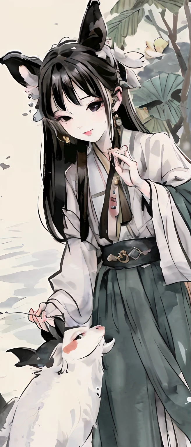 ((4k,masterpiece,best quality)), shuimobysim, Chinese painting, lotus, Hanfu, maxikit, conservatively dressed 1 boy, solo, white hair, fox ears, white, fish, there are many fish near the boy, look at the audience, tease oneeshota ,
