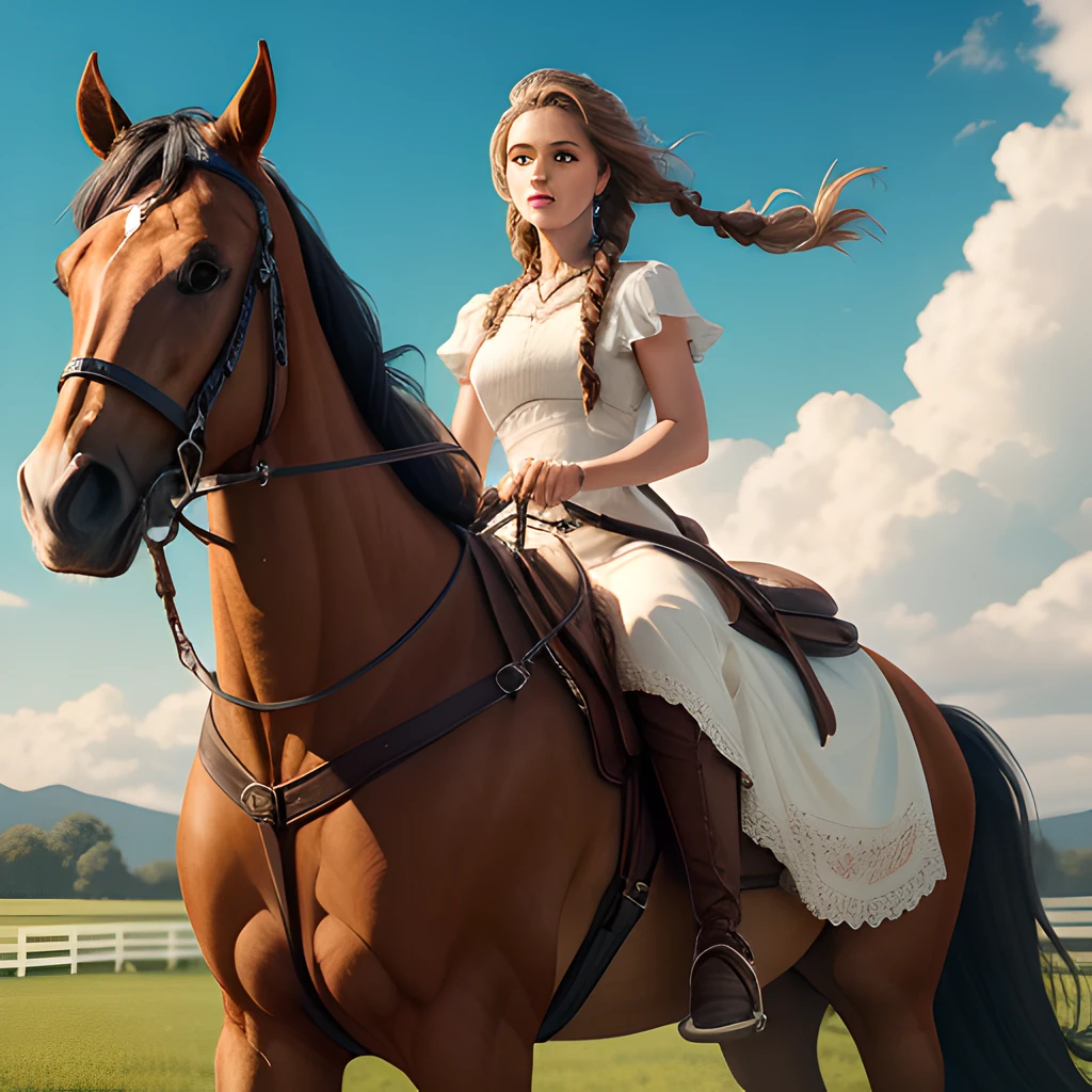 Create an epic female character on horseback with great details and bright colors. Long white dress in the wind and long braided hair. –v 5 –s 250
