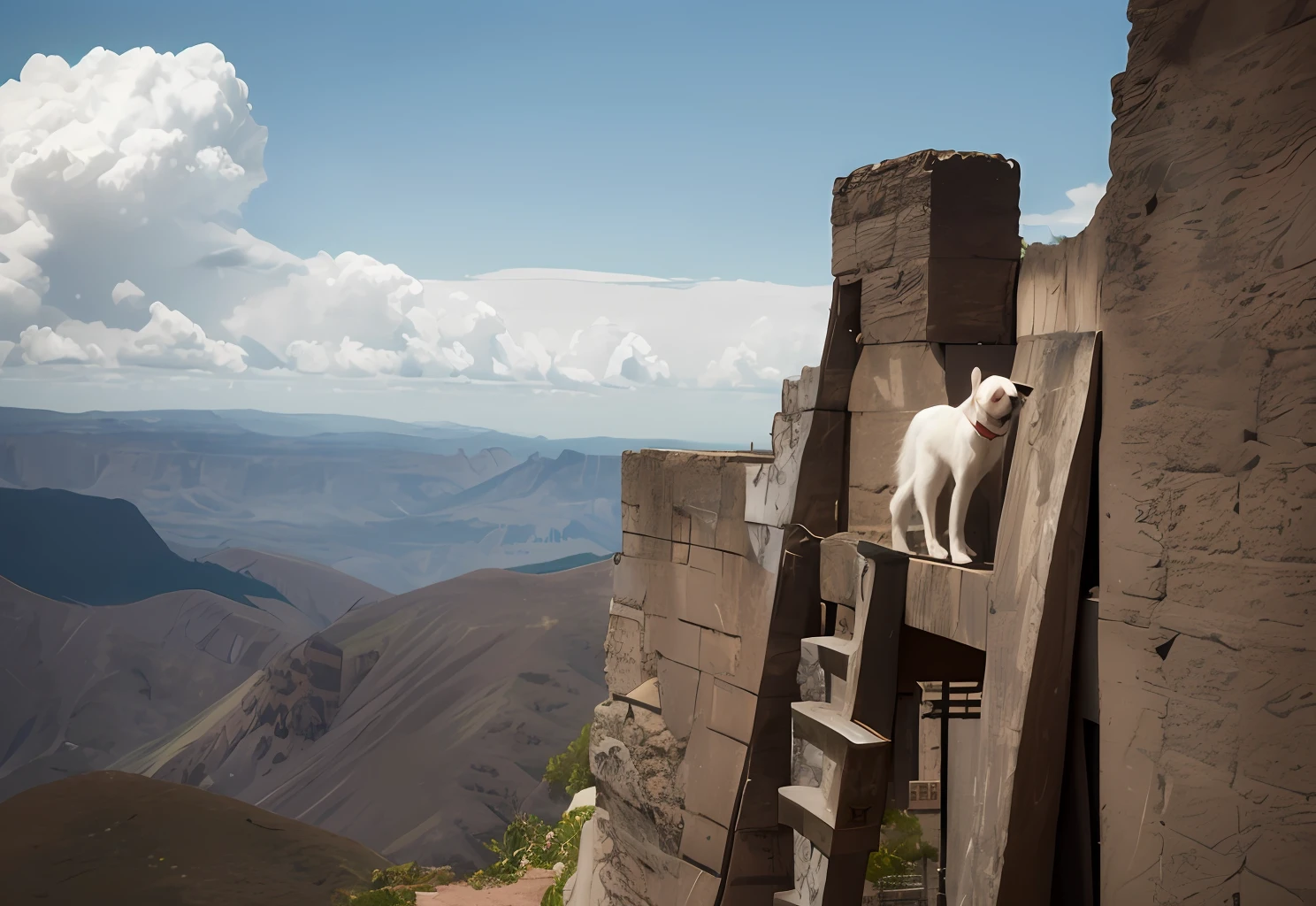 A white puppy in a Superman suit stands on the watchtower