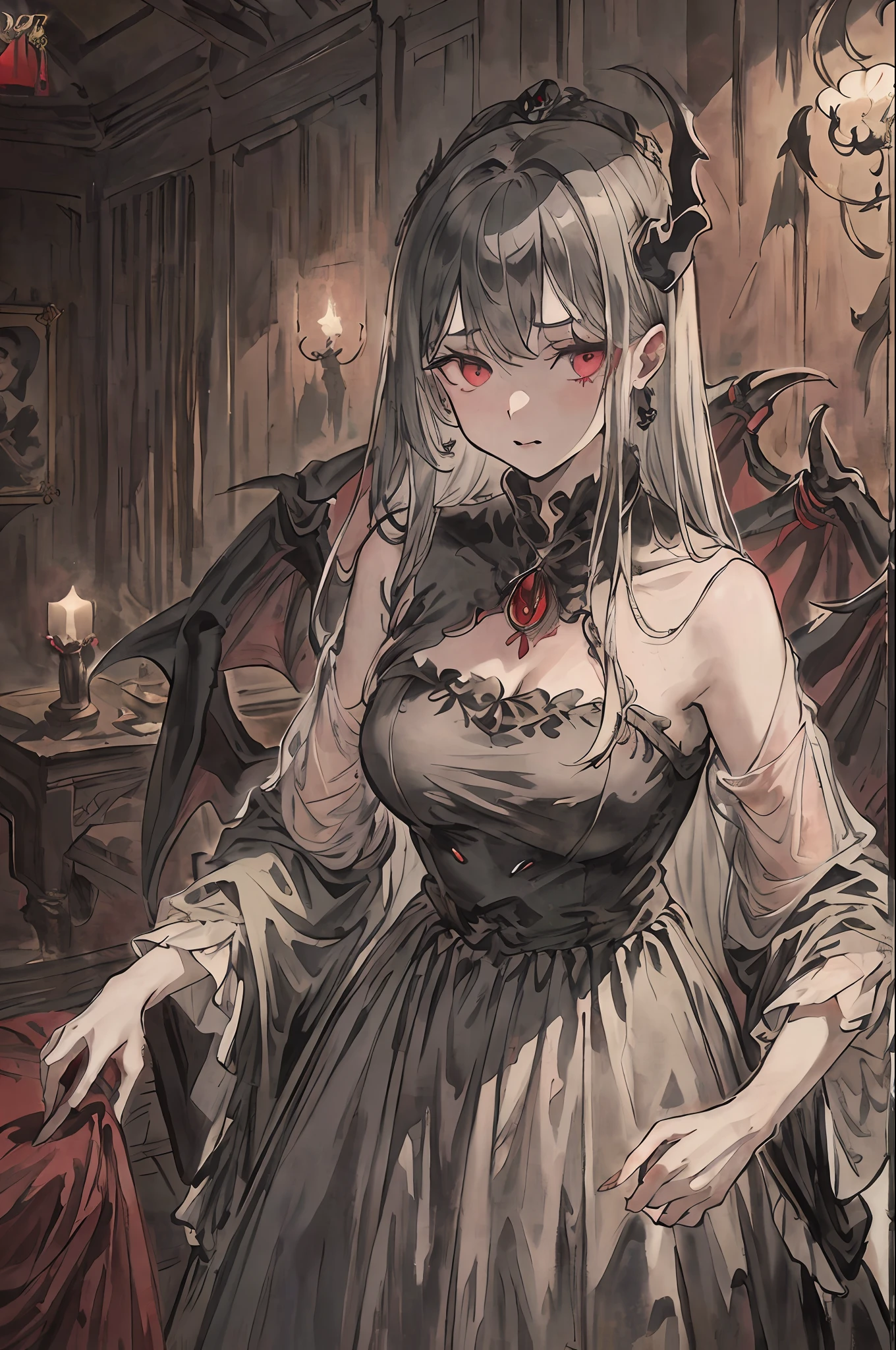 ((masterpiece))、((beste-Qualit))、((Official art))、8K、very detailed illustration、One girl、Gray hair、Long straight hair、Detailed eye、(Interior of the old castle 1.2)、dimly lit by、(Luxurious Gothic Dresses 1.2)、((Dracula's daughter))、((deadpan))、Fair skin、pure、Unclear、Meek、Suspiciousness