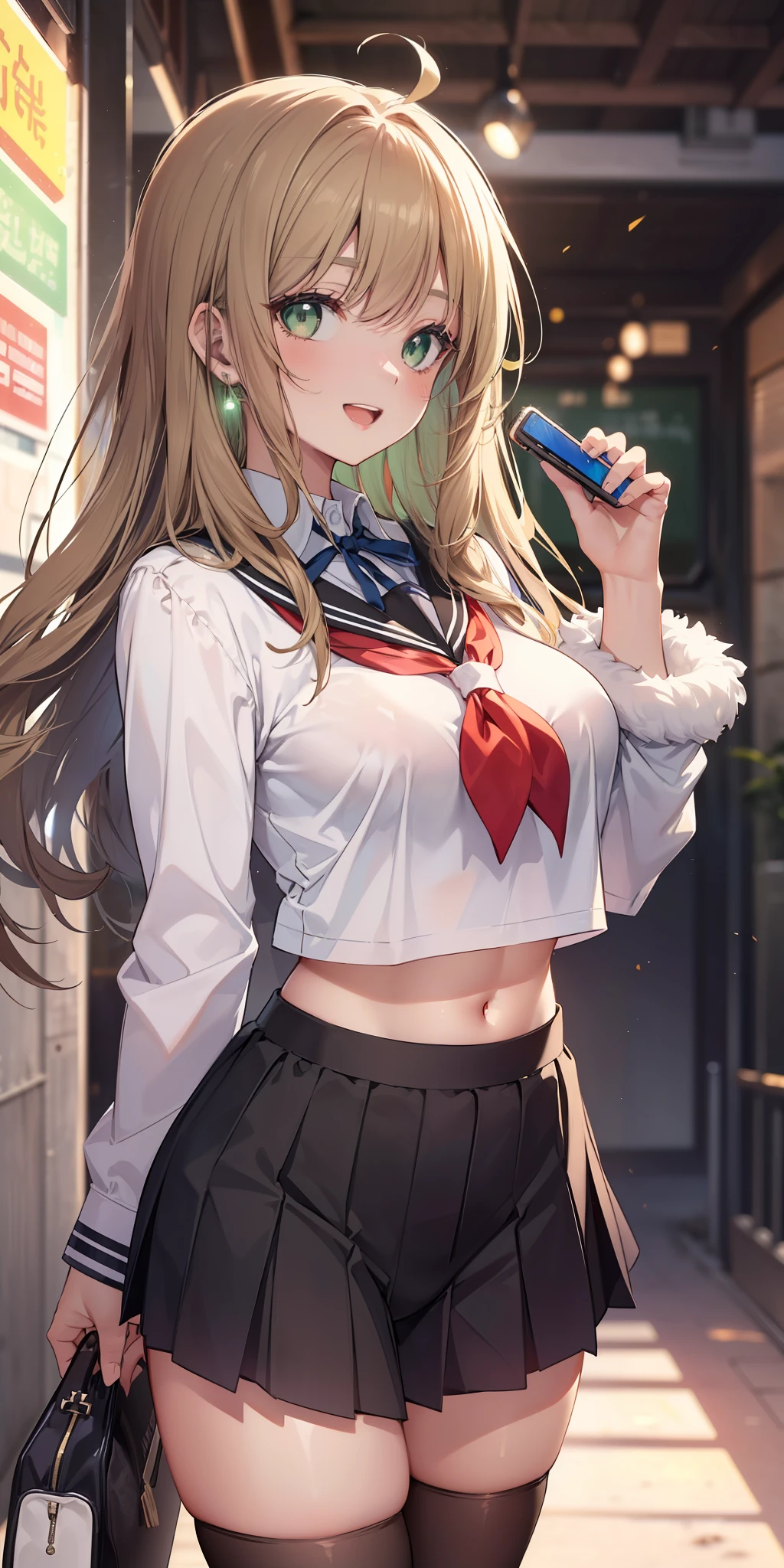 ((masterpiece)), ((best quality)), ((anime profile style)), ((HD 4k)), ((female character)), ((High school girl)), ((Body cute)) , girl, female face, Happy, smiling, open mouth, teeth showing, unkempt lips, ((tanned skin)), brunette, ((Light green eyes)), Eyelid, Pupil, Sclera, Iris, eyebrow , eyelashes , ear, nose, ((fur)), ((long brown hair)), ((hairlights effect)), ((niigata school uniform)), (tights), school shoe, ((effect of lights on clothing)), ((lights effect on body)), neck, shoulders, (thin waist), ((perfect tummy)), arms, ((thick legs)), ((big thigh)), History of Background, ((walking)), details in environment, surrounding objects, ((lighting)), viewer view
