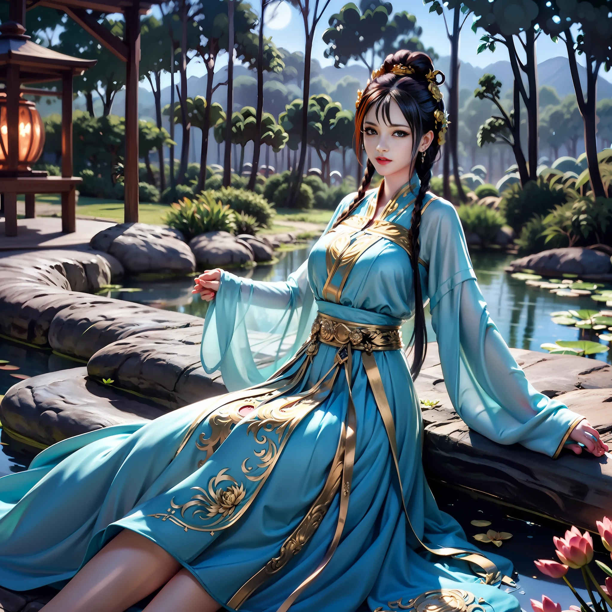 Sitting by a lake full of lotus flowers, feet playing in the water, the art depicts a charming woman with a melon face, dressed in a flowing, silky traditional oriental dress, long, aqua blue, decorated with intricate patterns and bright colors. Her dress drapes elegantly over her curvy figure, accentuating her seductive silhouette. She sits gracefully by the tranquil lotus lake, her feet playing in the water, bathed in the soft glow of the moonlight. The scene exudes an ethereal and dreamy atmosphere, with a touch of mystery and sexiness. The graphic style blends watercolor and digital illustration techniques to evoke a refined beauty and charm. The lights are filled with soft moonlight, casting soft highlights and shadows on her charming features. Bare thighs, big breasts, three-dimensional facial features, sitting, upturned legs, side braids