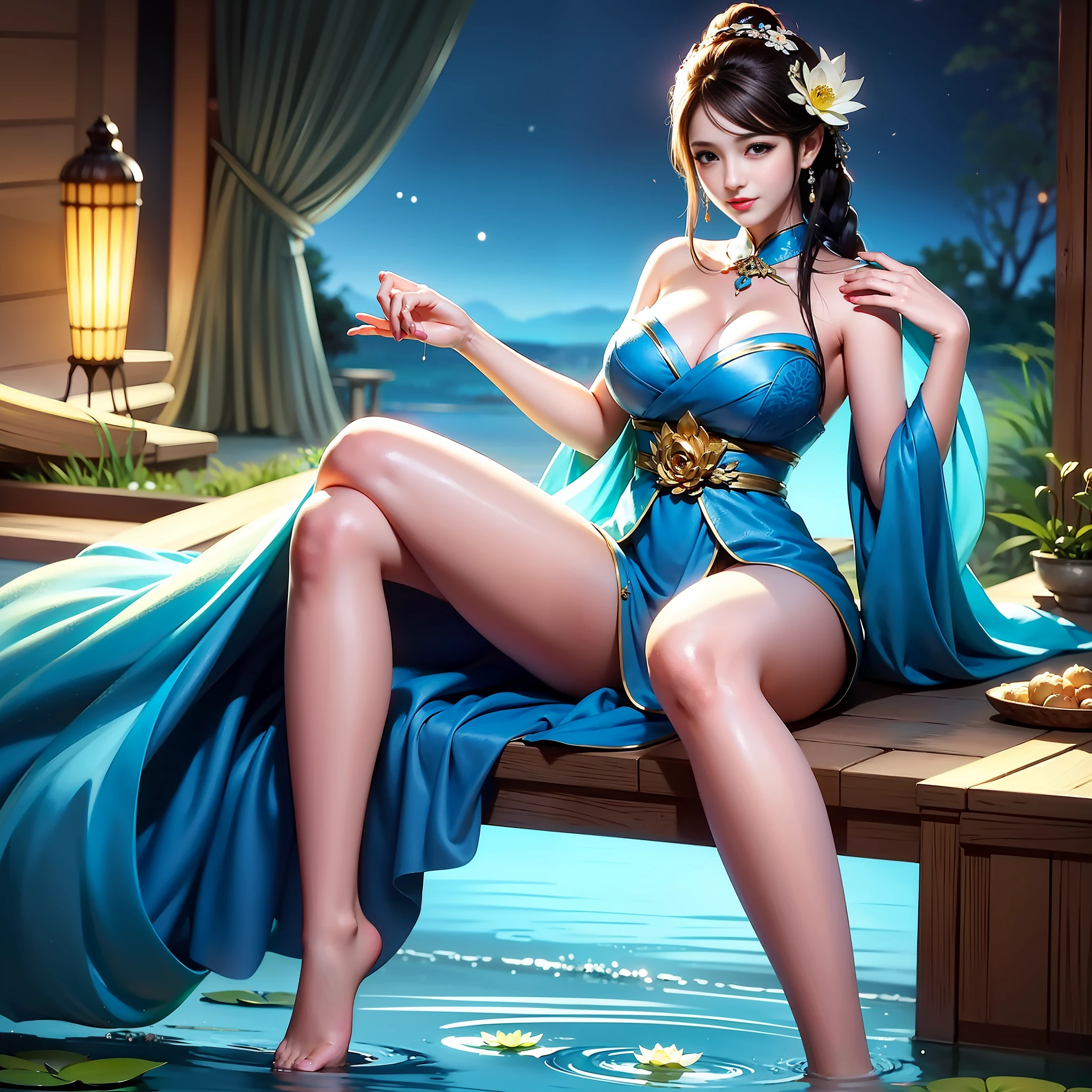Sitting by a lake full of lotus flowers, feet playing in the water, the art depicts a charming woman with a melon face, dressed in a flowing, silky traditional oriental dress, long, aqua blue, decorated with intricate patterns and bright colors. Her dress drapes elegantly over her curvy figure, accentuating her seductive silhouette. She sits gracefully by the tranquil lotus lake, her feet playing in the water, bathed in the soft glow of the moonlight. The scene exudes an ethereal and dreamy atmosphere, with a touch of mystery and iness. The graphic style blends watercolor and digital illustration techniques to evoke a refined beauty and charm. The lights are filled with soft moonlight, casting soft highlights and shadows on her charming features. Bare thighs, bighree-dimensional facial features, sitting, upturned legs, side braids