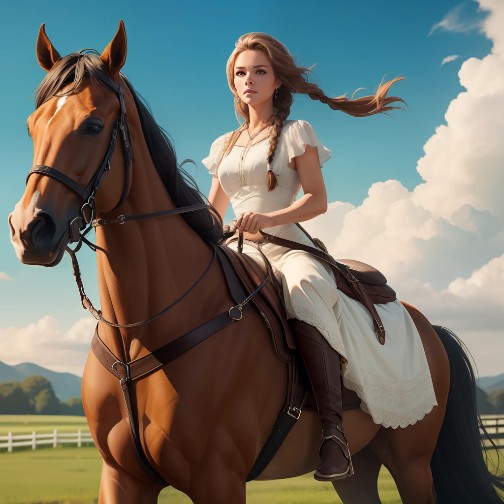 Create an epic female character on horseback with great details and bright colors. Long white dress in the wind and long braided hair. –v 5 –s 250
