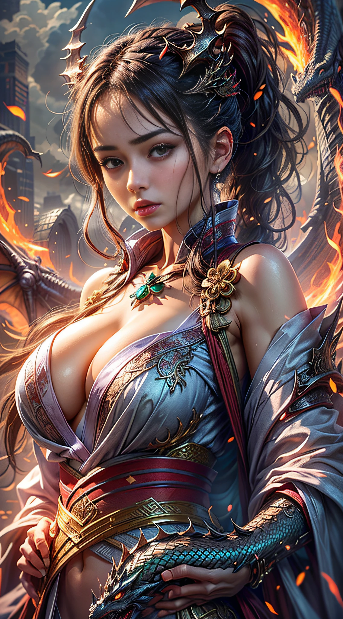 masterpiece, (best quality:1.4), Realistic, extremely detailed CG unified 8k wallpaper, Extremely detailled, High-definition raw color photos, professional photograpy, Realistic portrait, Cinematic Light, Beautiful detailed, 1girl in, (Naked:1.5), Beautiful big breasts, breasts details, Exposed breasts, (cleavage of the breast:1.2), Short ponytail, (Fine face:1.2), Long hair, Close up portrait of a girl in a completely transparent kimono with wide open front, Bare shoulders, (completely transparent kimono with wide open chest:1.4), open chest wide, undress、Beautiful kimono with the image of a dragon, No bra, No panties, pubic hair, cameltoe, (cameltoe details), (with super huge dragon), (super huge and fierce dragon in the background:1.2), Black Dragon, details of the dragon, ((Innumerable sparkling jewels, Myriad shining jewels)), Fantasy Art, Outdoors, highly complex details, Intricately intertwined, fluttering in the sky, overlooking the clouds, rising flames, a desperate situation of crisis, transcendence realism,