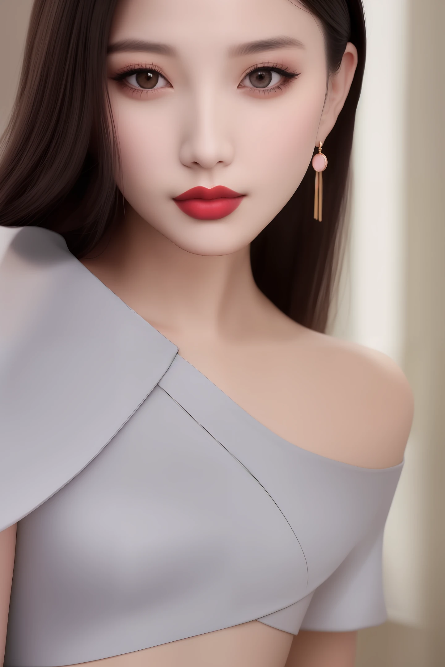 Fashion trendy beautiful and charming woman, gentle and charming Chinese beautiful woman, delicate and sexy collarbone, charming oval face, double eyelids, smart peach blossom eyes, pink lips, small nose, bare shoulders, focus on the face, close-up of the face, Ultra-high-definition, super-detailed, full-body photo, ultra-thin and light-transmitting, the white off-the-shoulder shirt perfectly echoes the light blue slit skirt, fresh and good, and can be seen through