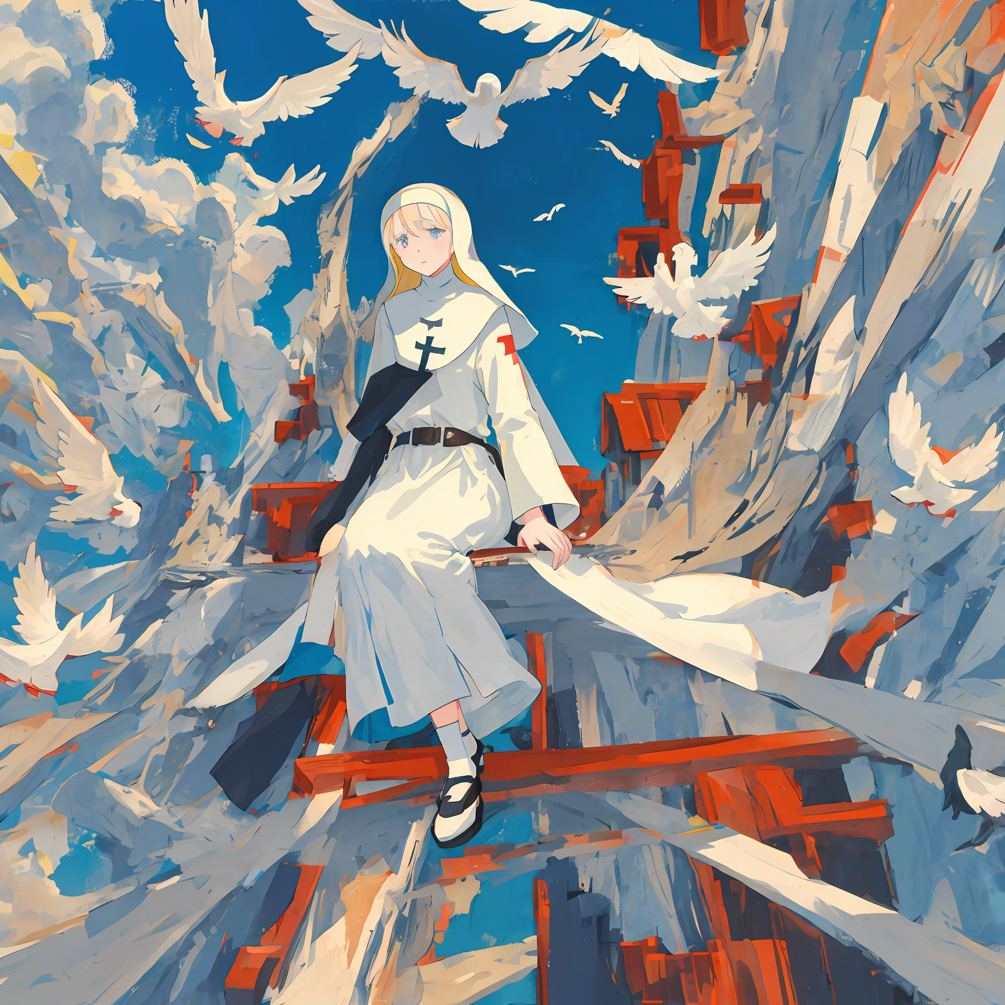 White nun surrounded by doves White long hair European anime style staff