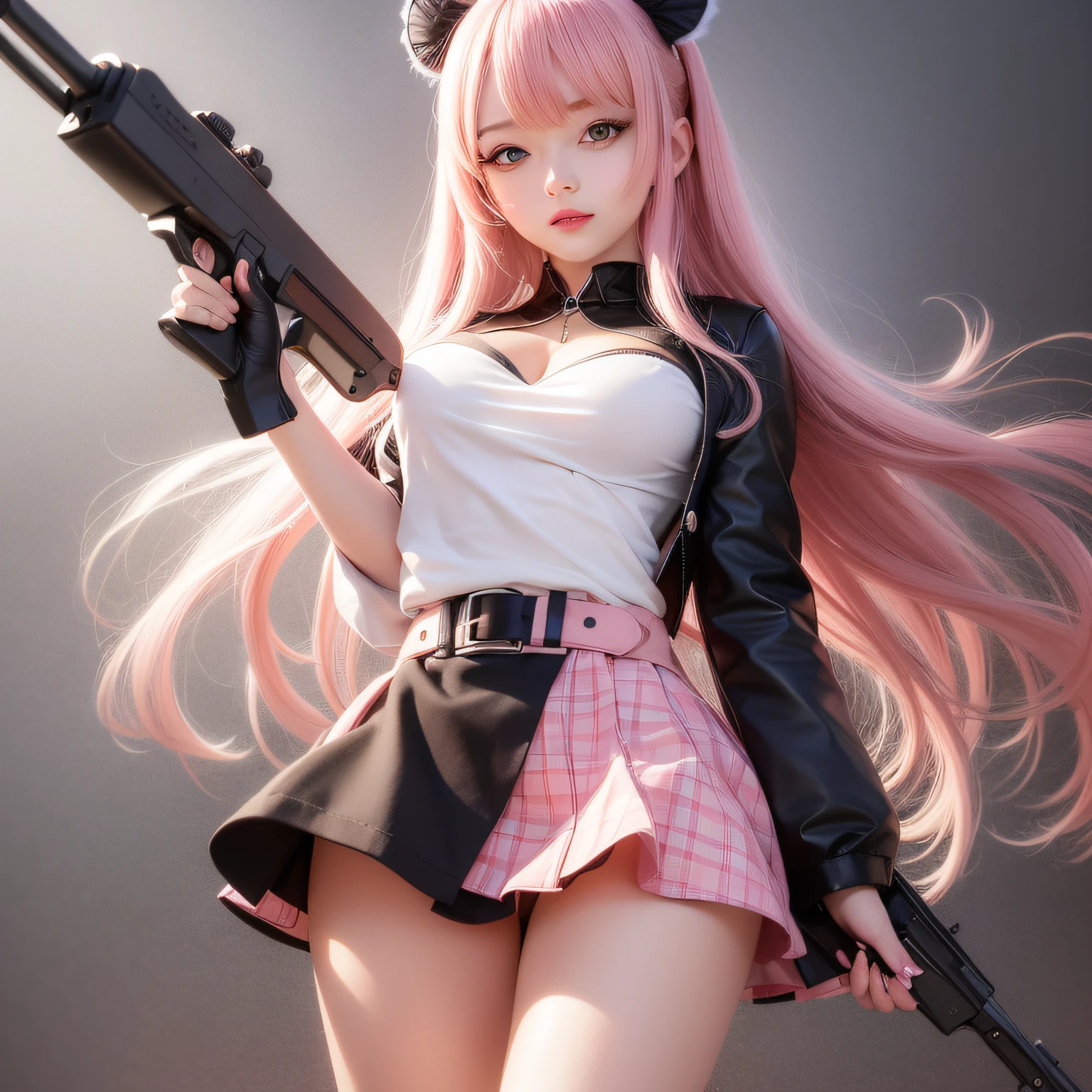 there is a picture of a woman in a pink dress holding a gun, pink miniskirt, high-heeled. anime style at pixiv, wearing honey - themed miniskirt, long thin legs, Anime Barbie in white stockings, pink tight mini-skirt, Miniskirt, Nico Robin, Fully clothed. painting of sexy, full body close-up shot