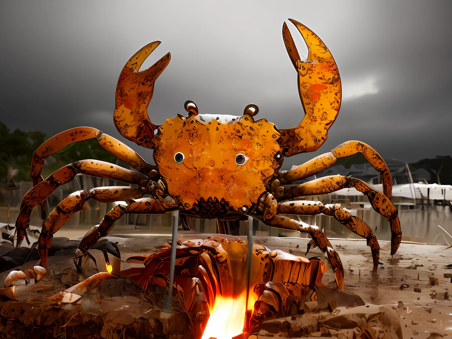 giant crab, crabs, huge crab, anthropomorphic crab, crustacean, crabs, Rusty, headcrab,Crab creatures, rich details​, metal art, Rust, glasssculpture， look from down