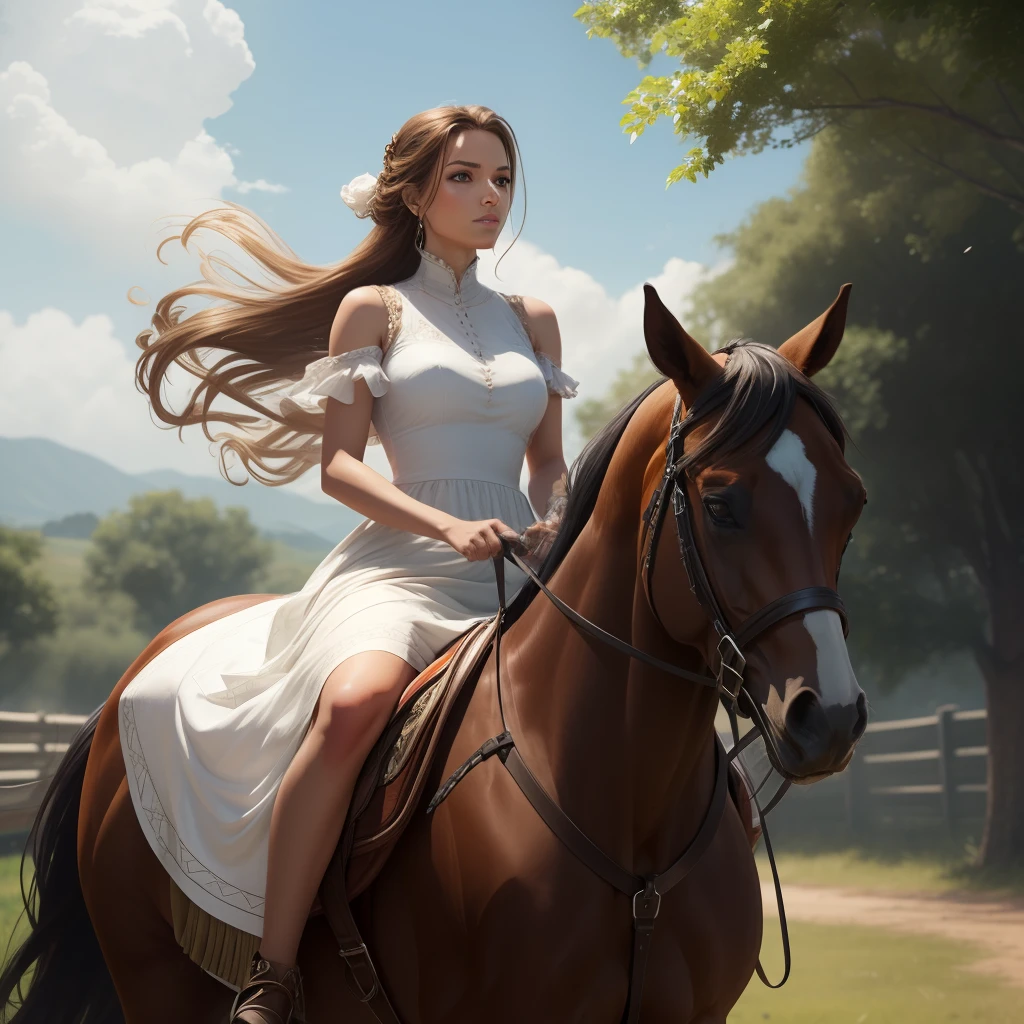 Create an epic female character on horseback with great details and bright colors. Long white dress in the wind and long braided hair. –v 5 –s 250