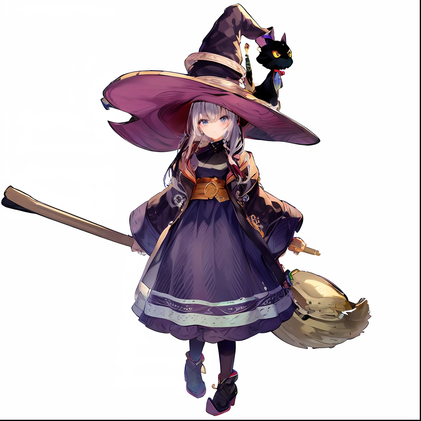 The character Minmi is、I'm a beautiful girl who is .。Her hair color is maroon、It is a hairstyle that divides the long hair that extends to the waist in two.。She has the appearance of a witch.、Wears a characteristic large-brimmed witch hat。A black cat doll is on the brim of the hat。 Minmi was sitting sideways on the floating broom.、We have a confident posture。Her eyes are purple.、Has a jito eye expression。She is a flame wizard、Express that strength and passion。 Her attire is、It is a wizard's robe based on black.。The robe is designed to fit the body、The cuffs and hem are designed with a flame motif.。She holds a large broom in her hand.、By drawing a magic effect with flames、Express her strength as a wizard。 for the background, a place with a magic forest or a magic circle is suitable。In a place with a mysterious and fantastic atmosphere、Fire and magic effects、You can further express your sense of the wizard's world.。 Based on the above instructions、Please make realistic anime-style depictions。Emphasizing Minmi's unique elements、I ask you to bring out her charm。 --auto