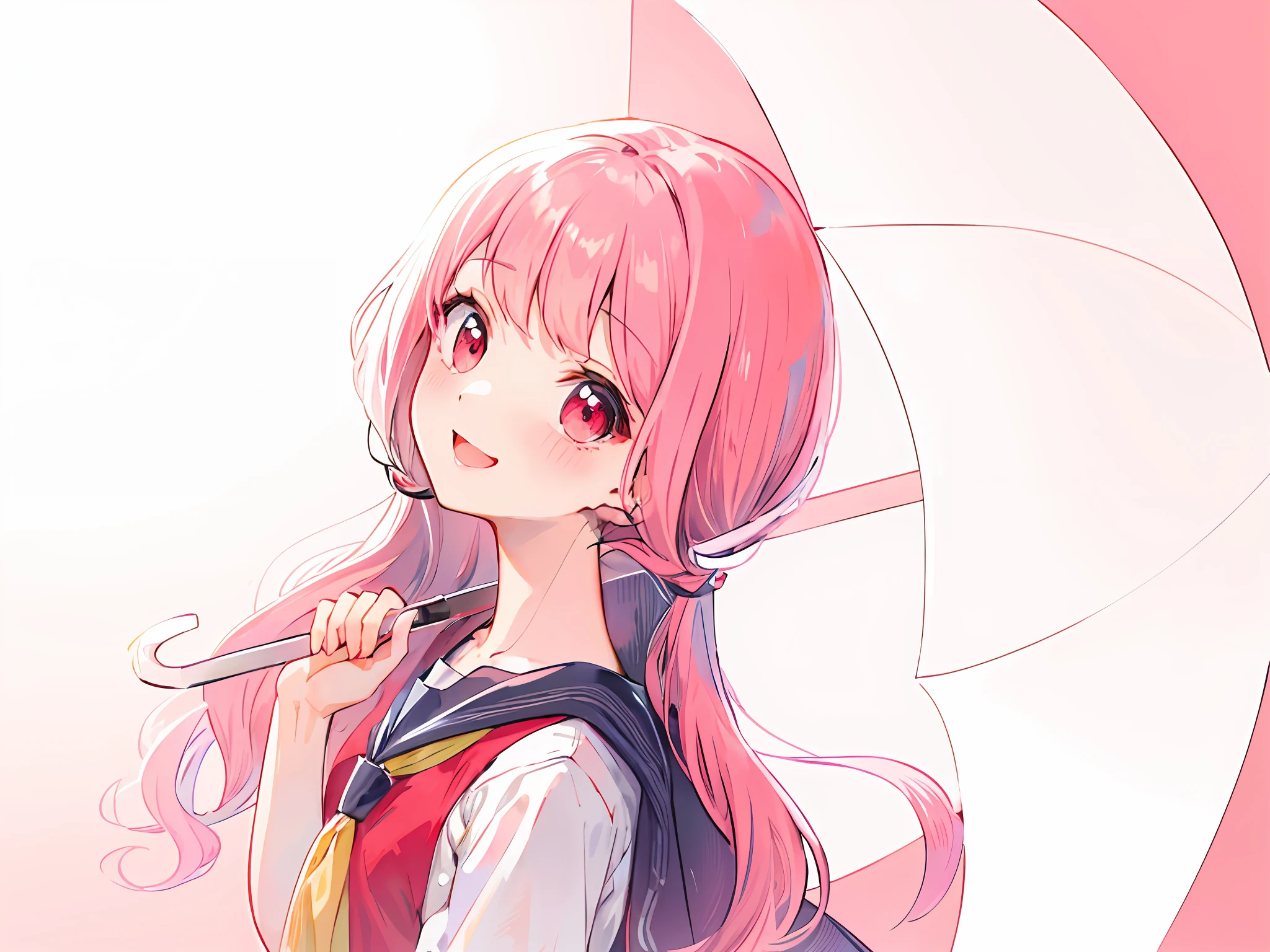 pink hair color, high quality, anime girl, red eyes, laughing, blush, school uniform, outdoor