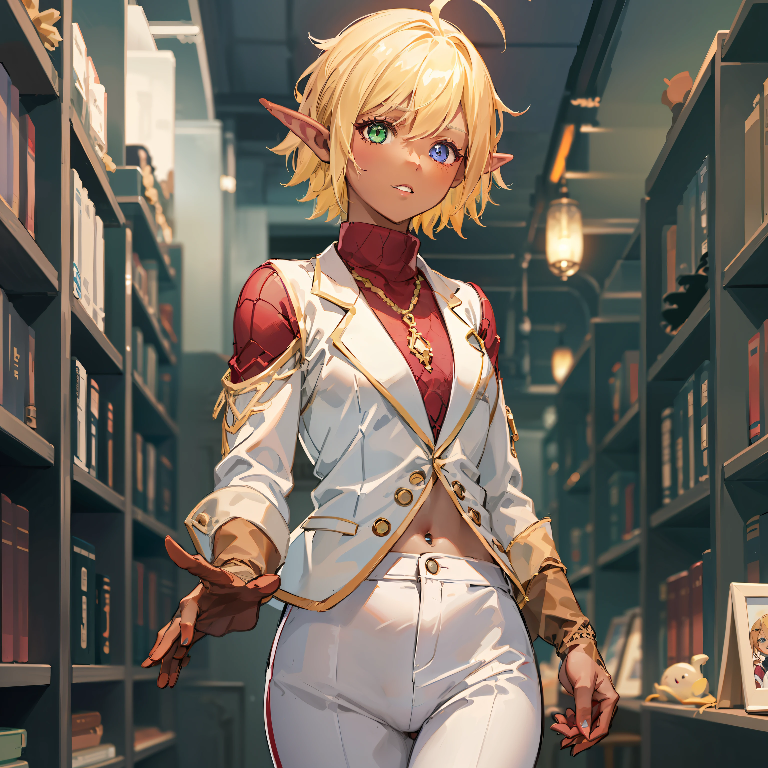 hight resolution, foco nítido, pixiv's masterpiece, ((intricate detailes)), highly detaile, pointy ear, Heterochromia, 独奏, blonde  hair, gloves, Green eyes, Blue Eye, Ahoge, 1girl in, shorth hair, Red Shirt, vests, Long sleeve, Brown gloves, elvish, Dark skinned, White pants、The background is the library、Adults、morpheus、E-cup、Aura of Overlord、siesta、