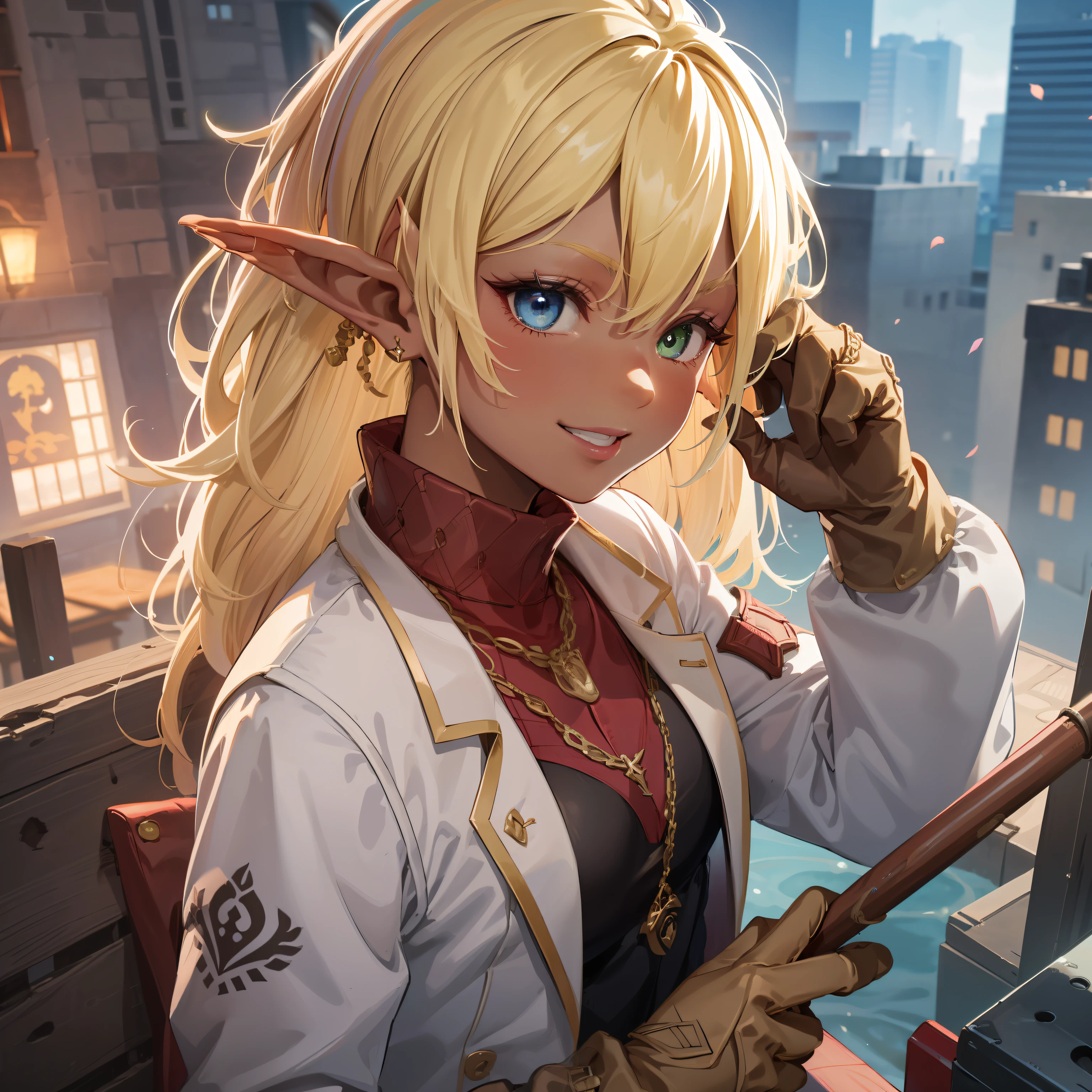 hight resolution, foco nítido, pixiv's masterpiece, ((intricate detailes)), highly detaile, pointy ear, Heterochromia, 独奏, blonde  hair, gloves, A smile, Green eyes, Blue Eye, Ahoge, Look at viewers, 1girl in, shorth hair, Red Shirt, vests, Long sleeve, Brown gloves, elvish, Dark skinned, White pants、E-cup、The background is a large tomb、Aura of Overlord、20 yrs、Do not show skin,