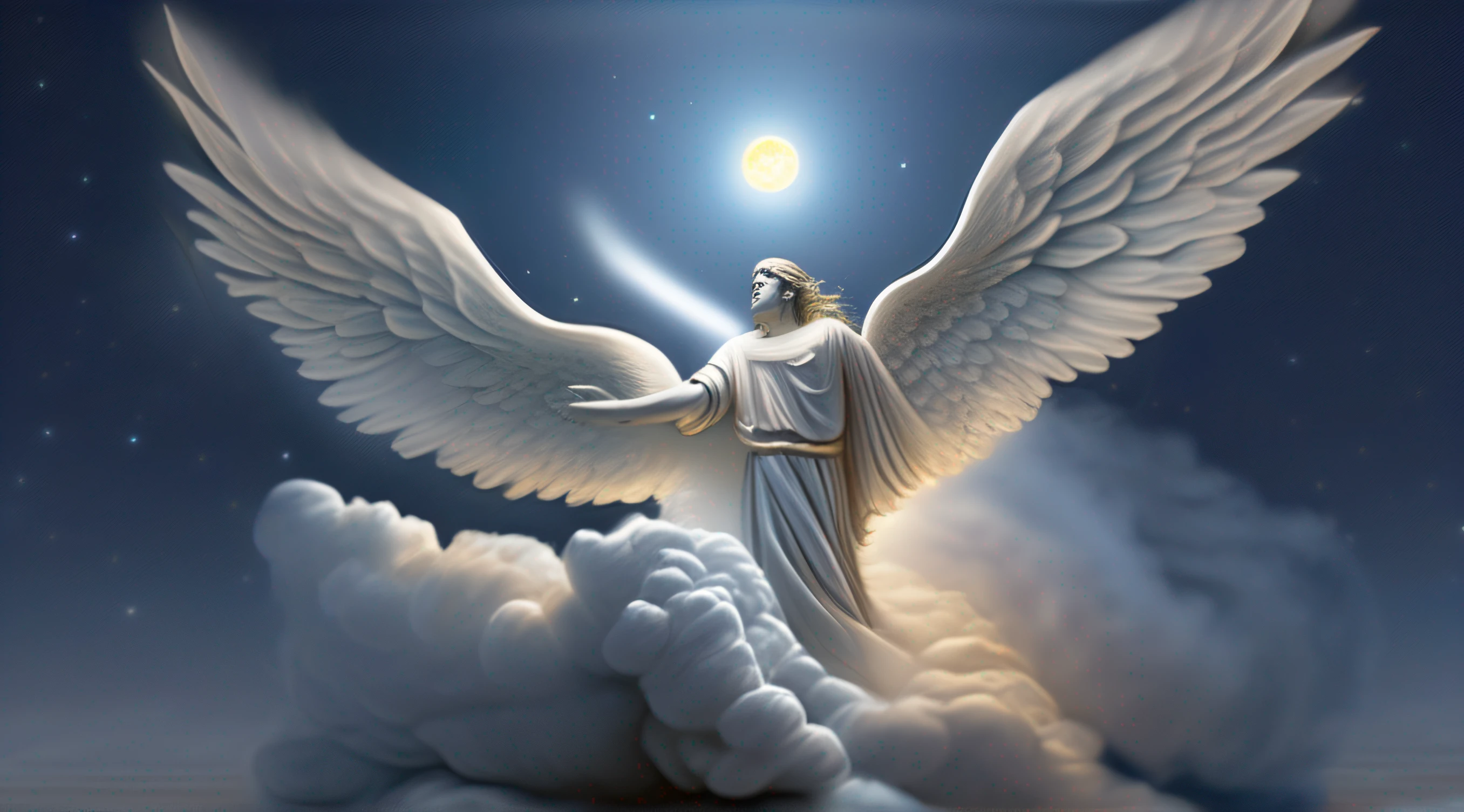 Ultra realista, melhor qualidade, fotografia realista, muito detalhado, anjo iluminado com asas celestiais olhando para cima, He is shrouded in clouds at his feet, The Moon in the Background at Night
