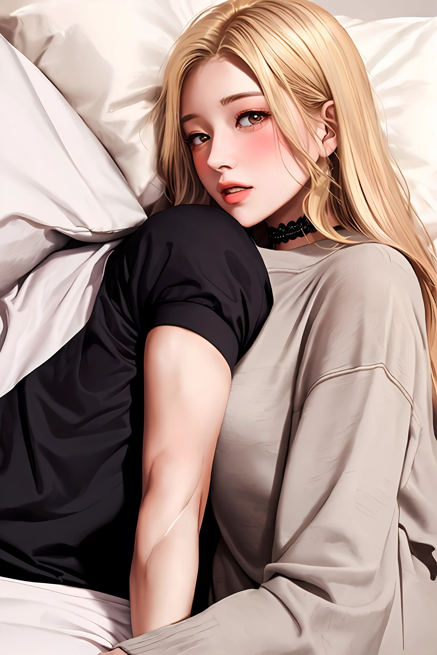 Boy and girl lying in bed，The boy grabbed the girl's chest，The girl blushed，The boy's lips kissed the girl deeply，The girl has long blonde hair，