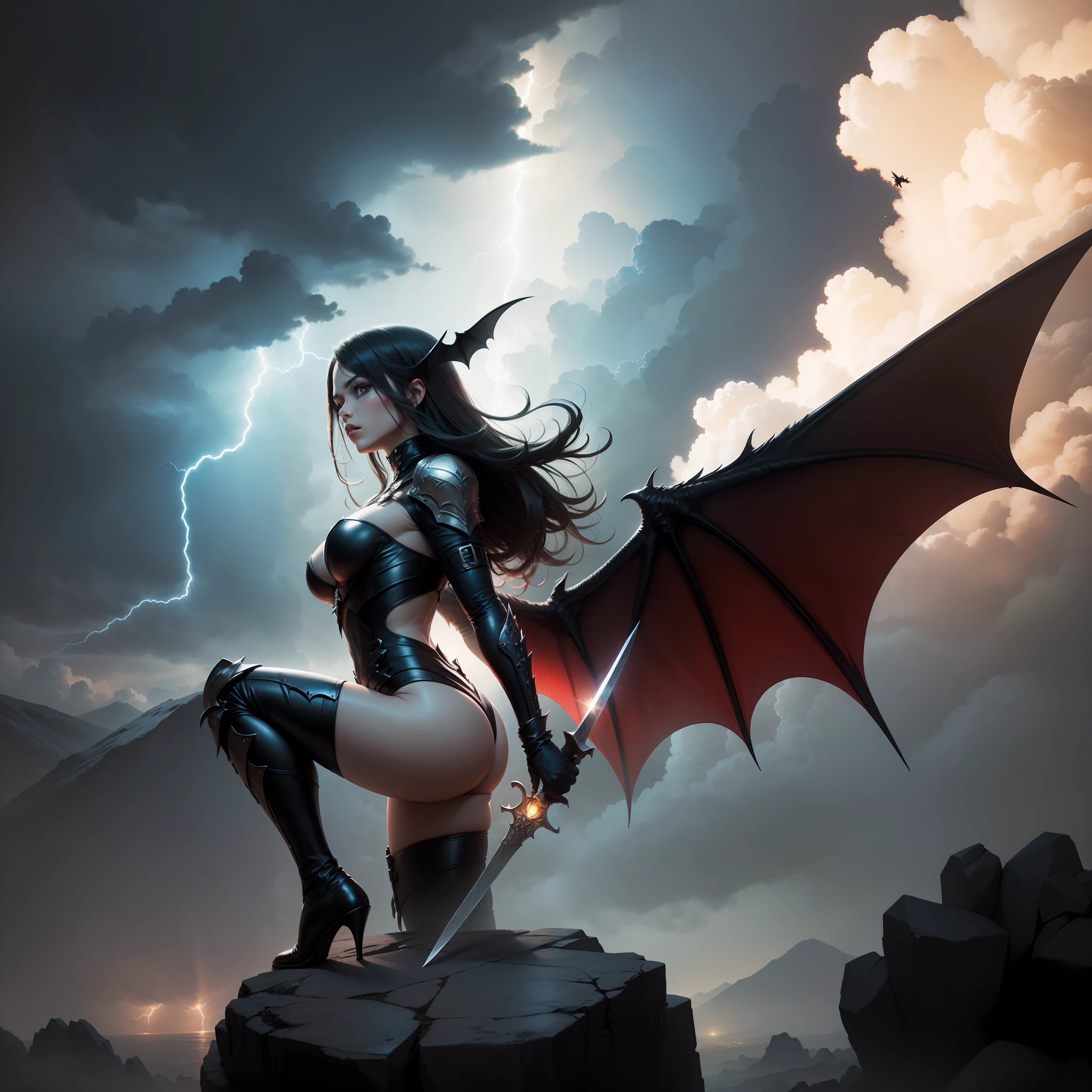 tmasterpiece,Super-High Resolution,A beautiful female angel with beautiful feathered wings stands on a mountain rock and slashes at a bat-like demon with a sword,Angels are blazing with fire and fighting demons,The sky in the background is half overcast and half sunny,There were a few lightning bolts in the gloom,The angel shines with light,The ugly devil has bat wings,