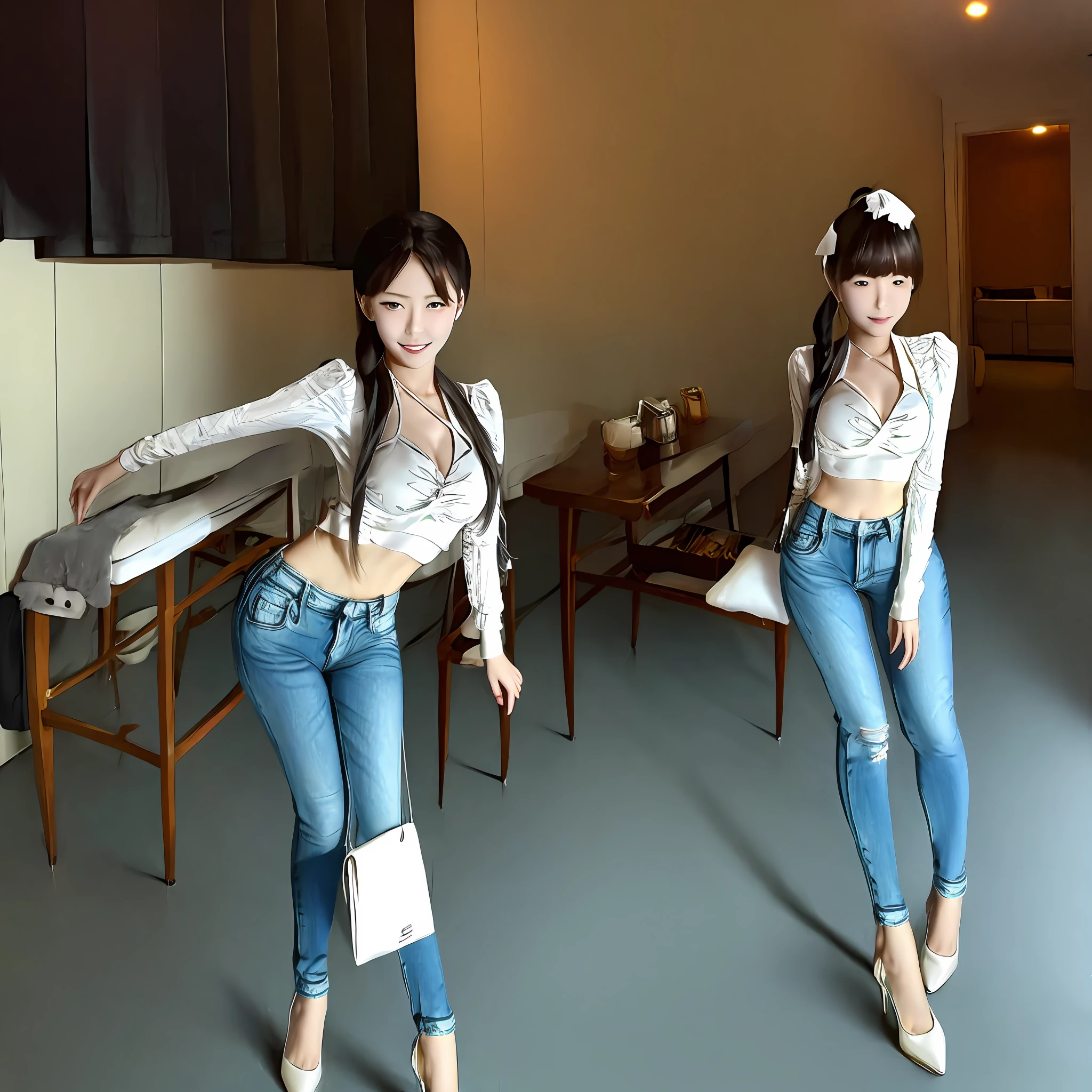 4k，20 yrs old，（Korean girl），（Lower jeans 1.2），（Black bra 1.2），delicated face，Slim figure，（High ponytail 1.2），（White high heels 1.2），（Bend down and pick things up），（There is a white liquid on the face and corners of the mouth1.2）