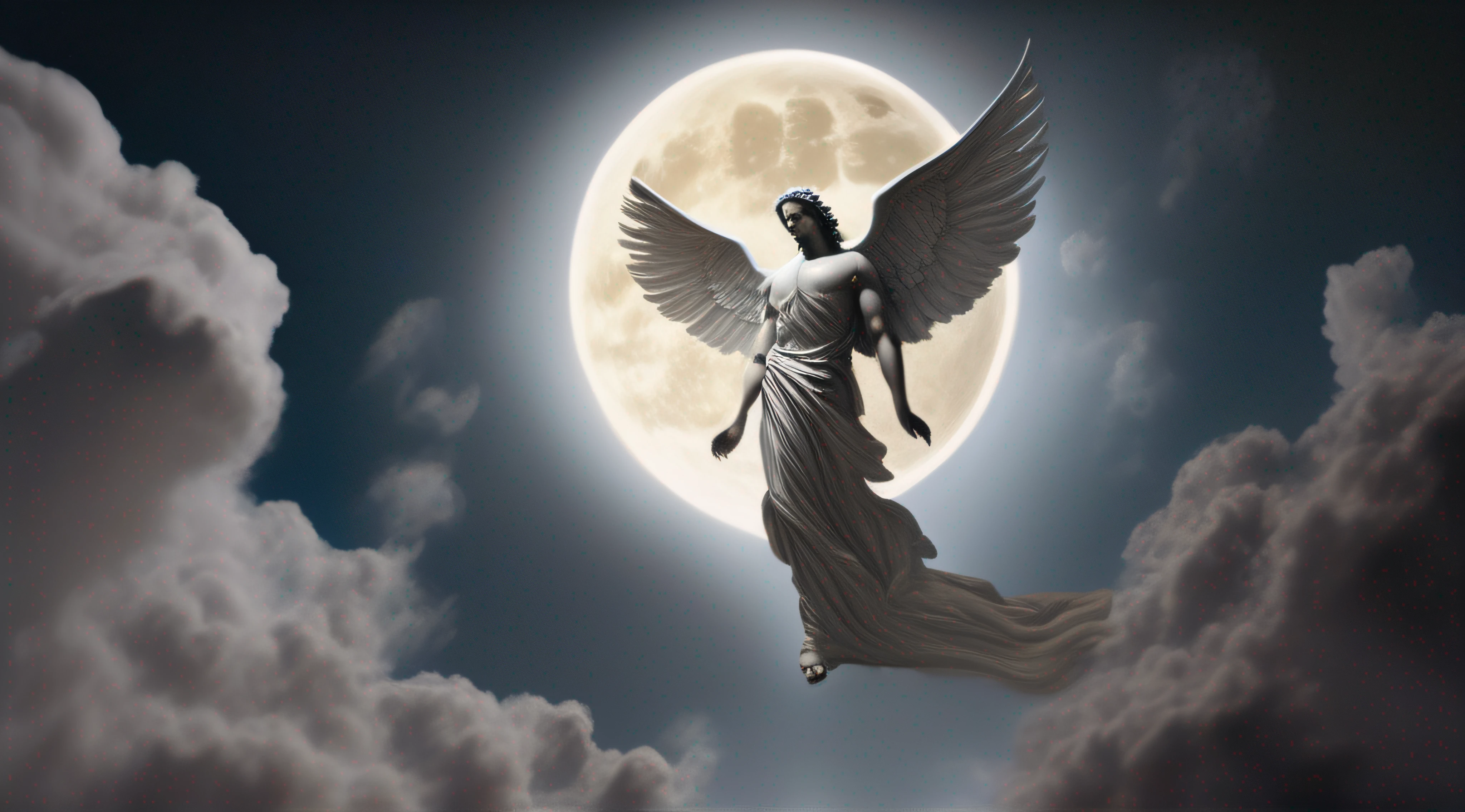 Ultra realista, melhor qualidade, fotografia realista, muito detalhado, anjo iluminado com asas celestiais olhando para cima, He is shrouded in clouds at his feet, The Moon in the Background at Night