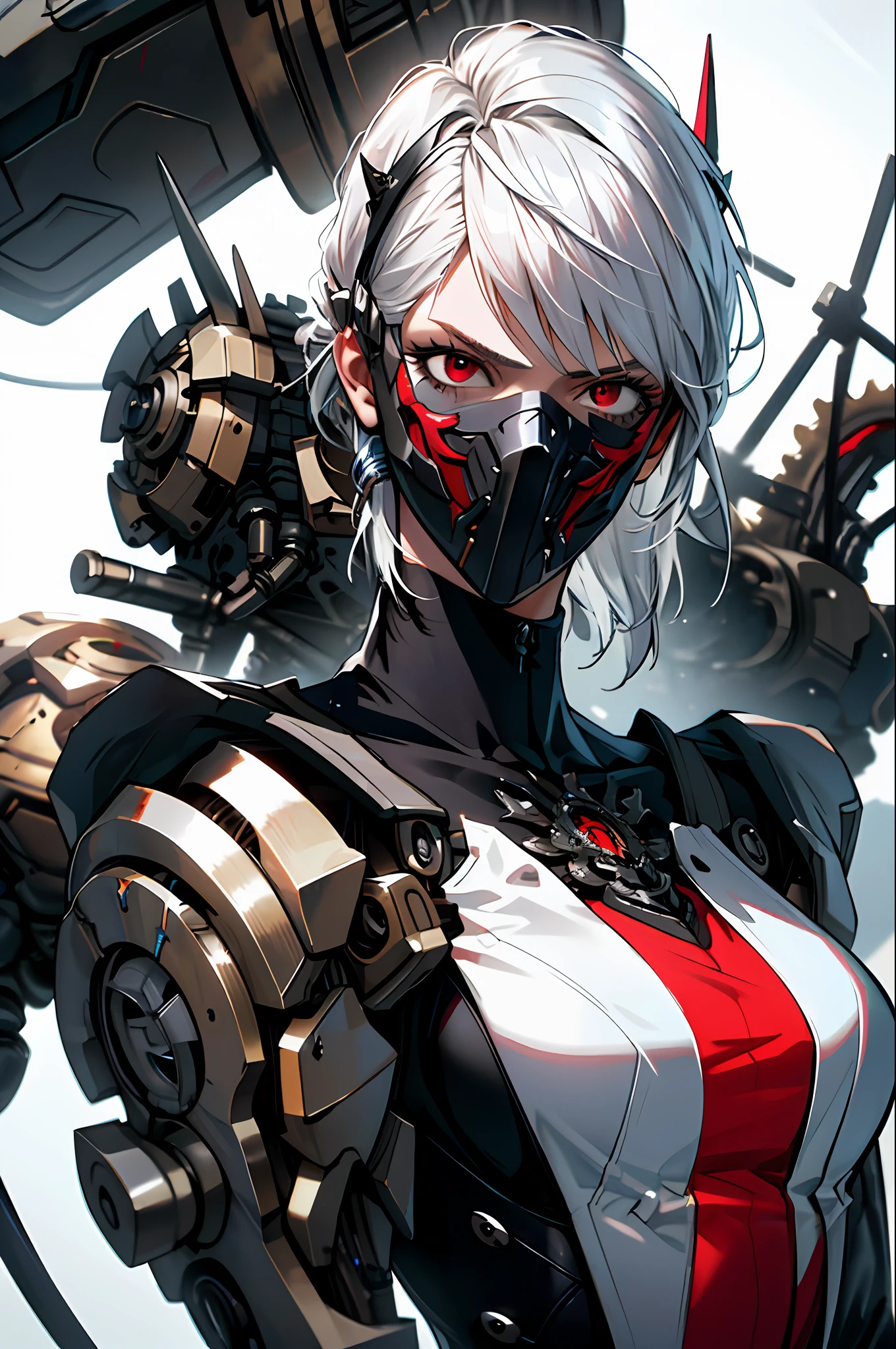 (masterpiece:1.2,high quality), 1girl, ((ultra realistic details)), global illumination, shadows, Dynamic Lighting, Unreal Engine, octane render, 8k, ultra sharp, metal, intricate, ornaments detailed, highly intricate details, red eyes, (mechanical body:1.2), white hair, (black mask), Gear, Apocalypse,