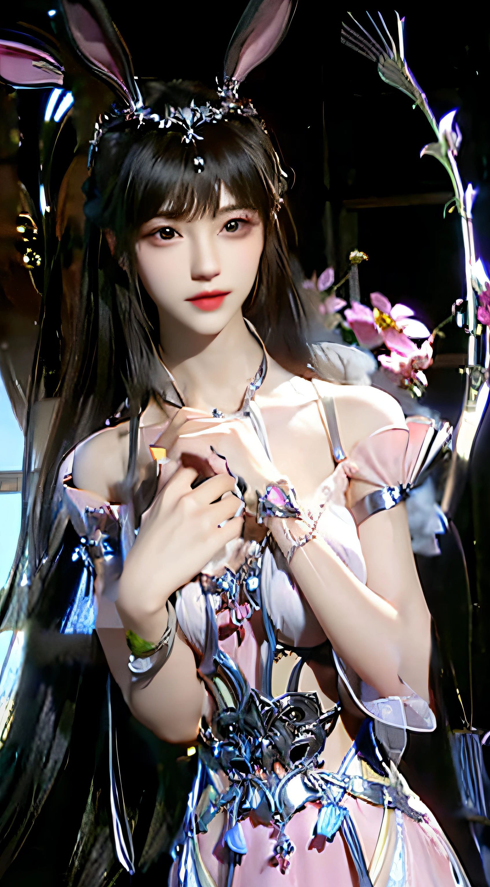 The 8K background is replaced with a bright room,Ultra-realistic 8K CG,s the perfect face,flawless perfection,Ren,tmasterpiece,professionalartwork,famousartwork,s the perfect face,beauitful face,Beautiful eyes,((Perfect female body))Close-up of a woman with rabbit ears,