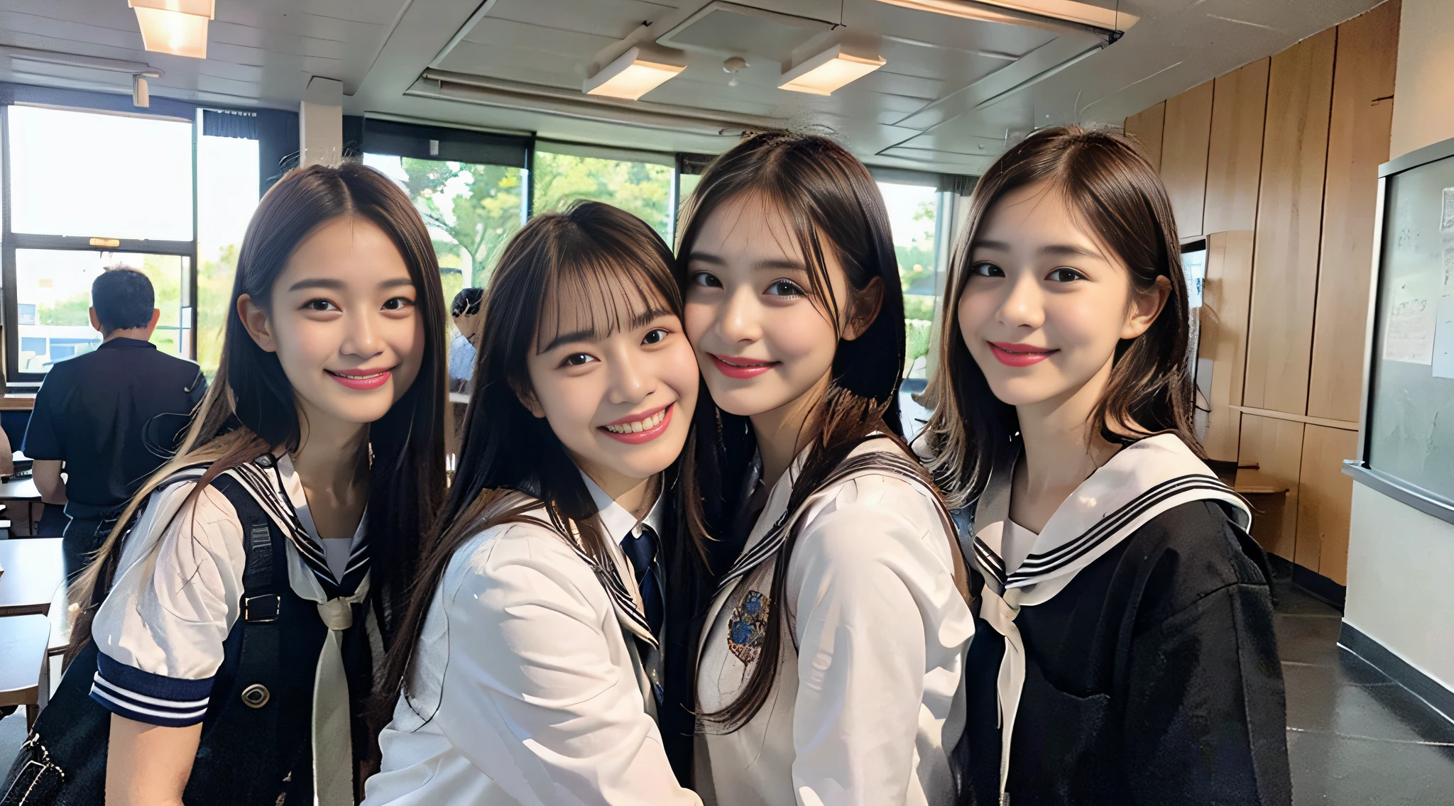 (8K、Raw photography、beste-Qualit、​masterpiece:1.2)、ultra-detailliert、ultra res、(realisitic、Real Photographics:1.47)、（Hugging each other）Leaning closer、（Fantastic lighting）Hugging、White Skin Skin、Fair-skinned female proofreading、An ultra-high picture quality、Beautiful blue sky lighting、Beautiful female proofreading reflecting in light、amazing detailed、Beautiful girls in very detailed、Faces with different patterns、Different face patterns、Each hairstyle has its own characteristics、Farbe々Hairstyle、Farbe々Hair color、Circle of Angels、Having a conversation in a classroom at school、Brown hair shining in the light、One has a ponytail、、Modern cute high school girl、very detailed faces very detailed eyes、Very realistic skin、 extremely detailed fingers, extremely detailed nose, highly detail mouth, perfect anatomia, Highly detailed sailor suit、highly detailed back ground,After school、Smiling school girls are gathered in the hallway of the school。They are hugging each other in uniform、Light from bright windows illuminates the classroom、The details of their hair and uniforms shine through.。, famous Japan idol, cute little, Realistic body, White Skin Skin, glistning skin, Slim body,  Long straight hair, (Blunt bangs:1.2), two young women in school uniforms hugging each other in a hallway, two japanese schoolgirls posing, nixeu and sakimichan, TWICE, Seifuku, sakimichan, JK Uniform, wearing japanese school uniform, promo still, Larisa Manobal, Japan school uniform, japanese girl school uniform, alena aenami and lilia alvarado