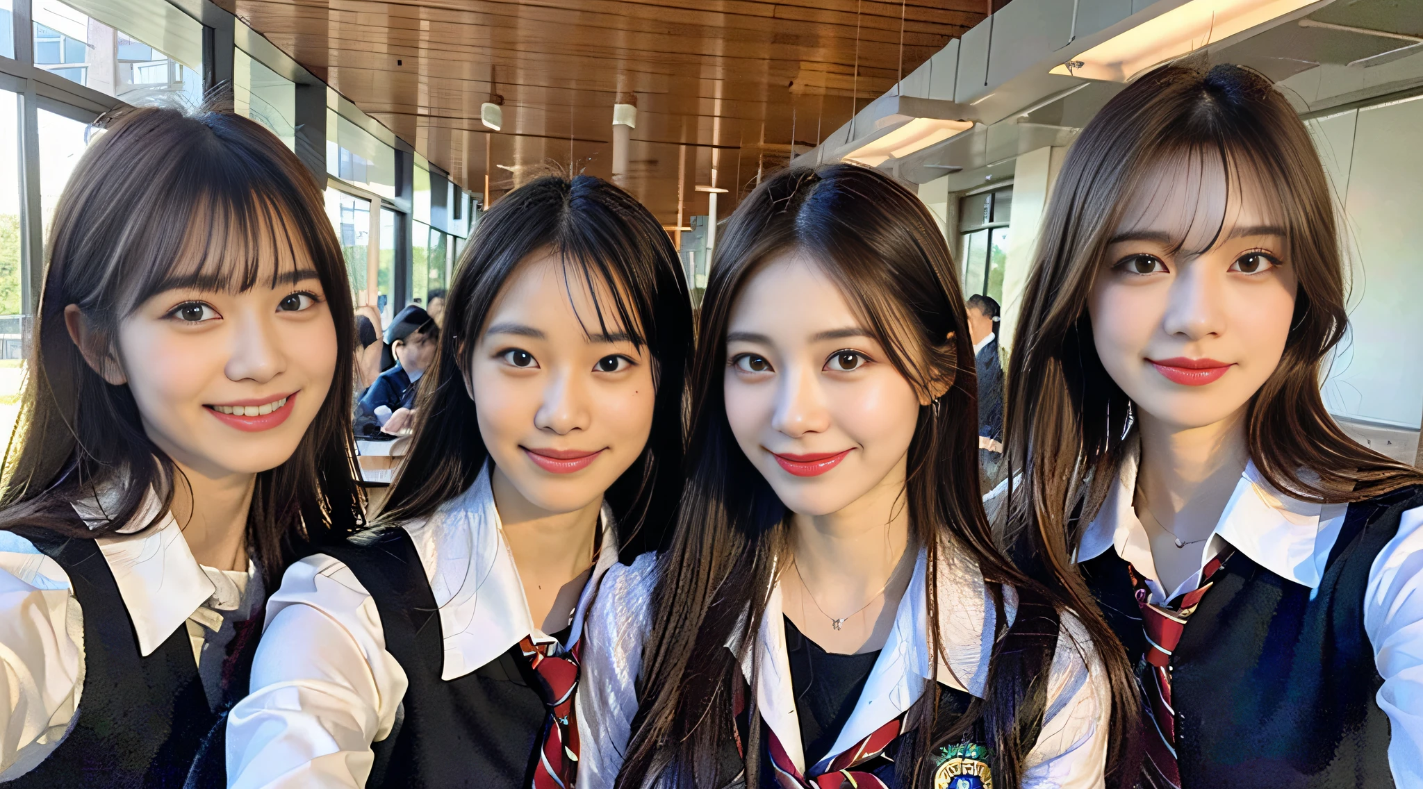 (8K、Raw photography、beste-Qualit、masterpiece:1.2)、ultra-detailliert、ultra res、(realisitic、Real Photographics:1.47)、(Hugging each other)Leaning closer、(Fantastic lighting)Hugging、White Skin Skin、Fair-skinned female proofreading、An ultra-high picture quality、Beautiful blue sky lighting、Beautiful female proofreading reflecting in light、amazing detailed、Beautiful girls in very detailed、Faces with different patterns、Different face patterns、Each hairstyle has its own characteristics、Farbe々Hairstyle、Farbe々Hair color、Circle of Angels、Having a conversation in a classroom at school、Brown hair shining in the light、One has a ponytail、、Modern cute high school girl、very detailed faces very detailed eyes、Very realistic skin、 extremely detailed fingers, extremely detailed nose, highly detail mouth, perfect anatomia, Highly detailed sailor suit、highly detailed back ground,After school、Smiling school girls are gathered in the hallway of the school。They are hugging each other in uniform、Light from bright windows illuminates the classroom、The details of their hair and uniforms shine through.。, famous Japan idol, cute little, Realistic body, White Skin Skin, glistning skin, Slim body, Long straight hair, (Blunt bangs:1.2), two young women in school uniforms hugging each other in a hallway, two japanese schoolgirls posing, nixeu and sakimichan, TWICE, Seifuku, sakimichan, JK Uniform, wearing japanese school uniform, promo still, Larisa Manobal, Japan school uniform, japanese girl school uniform, alena aenami and lilia alvarado