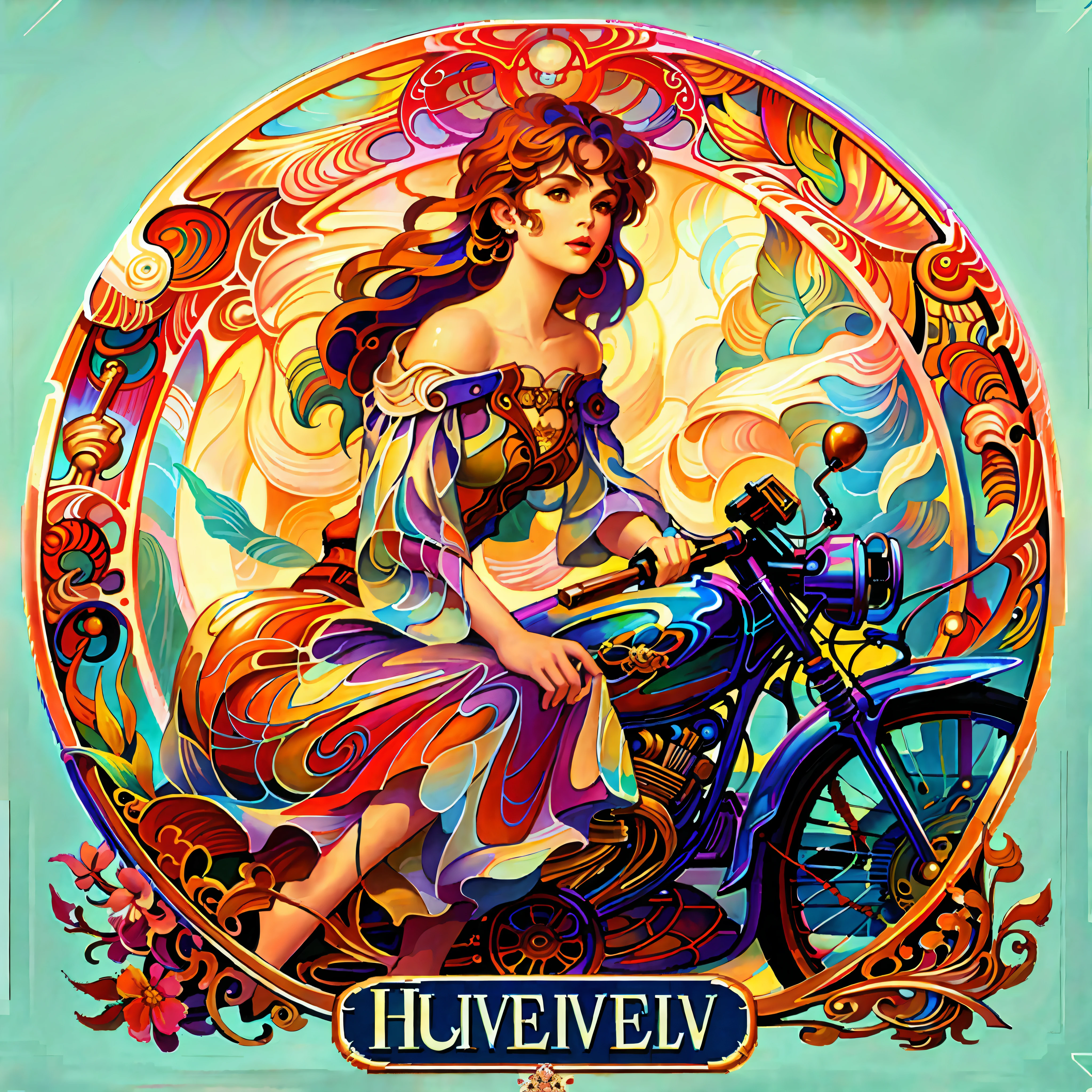 a painting advertisement of a woman sitting on a motorcycle with a sky background, hyperrealistic art nouveau, alphonse mucha style, art nuveau, in art nouveau style, mucha style 4k, mucha. art nouveau. gloomhaven, mucha style, modern art noveau, artem demura alphonse mucha, alsphonse mucha