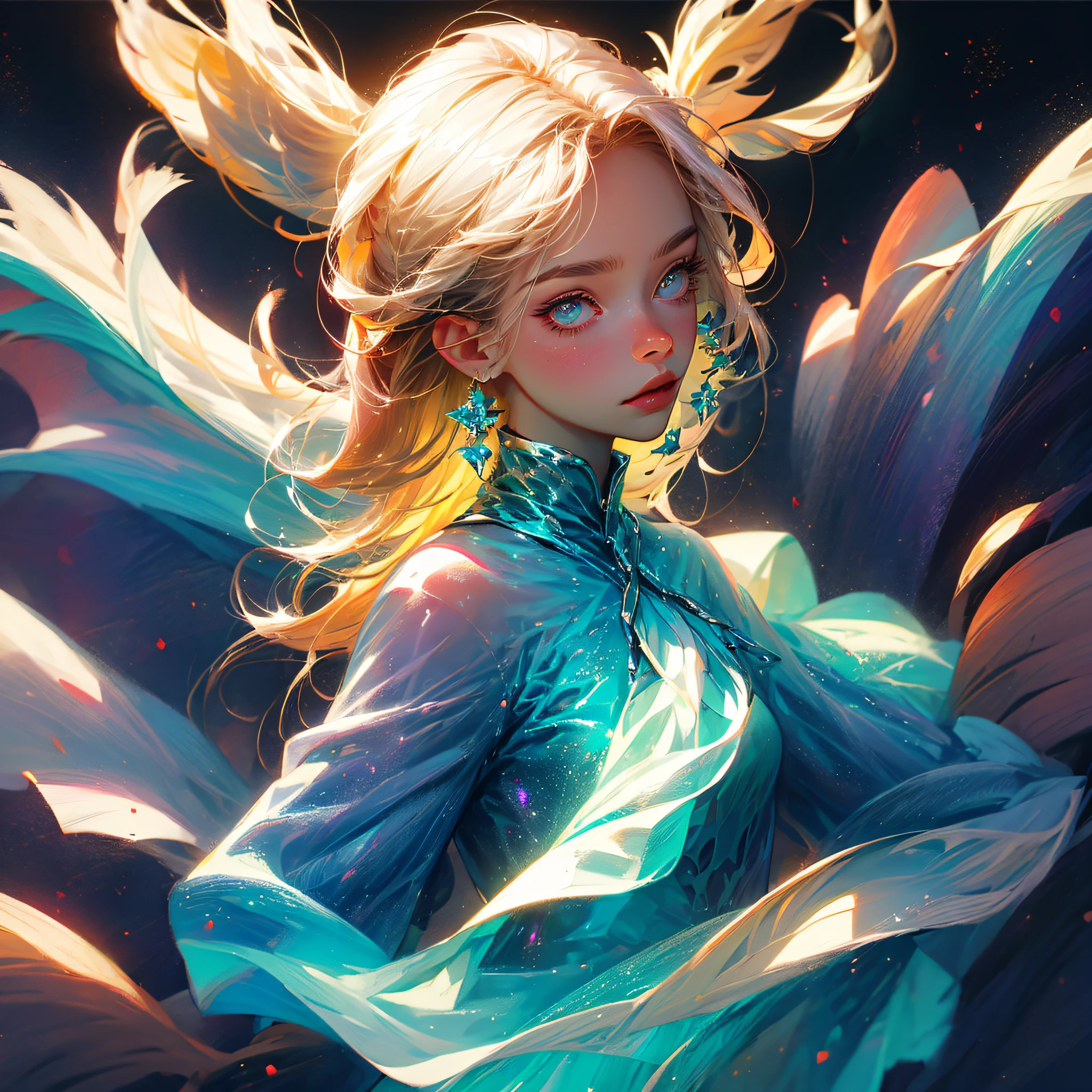(best quality, masterpiece), 1girl, pose, particle, wind, flower, upper body, simple background, looking at viewer, blonde, galaxy,backlit,rim light,glow --auto