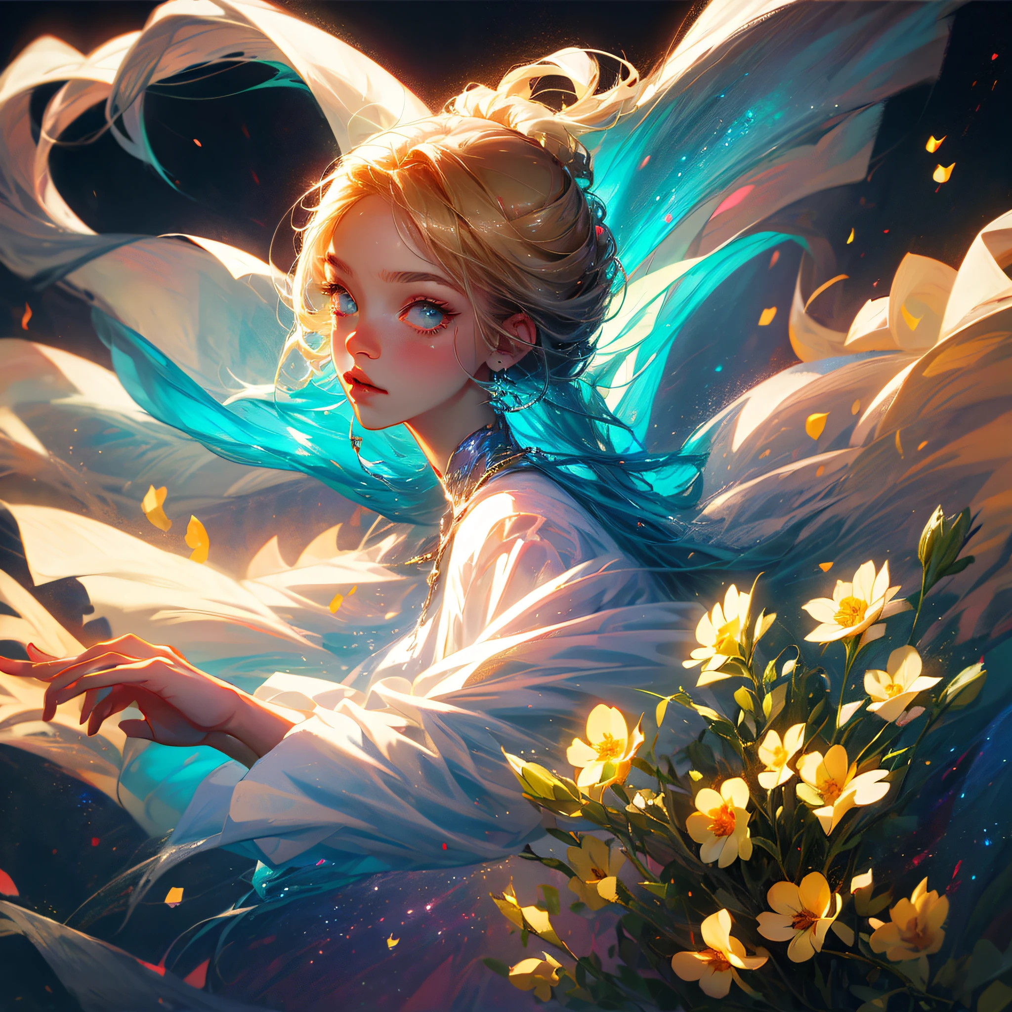 (best quality, masterpiece), 1girl, pose, particle, wind, flower, upper body, simple background, looking at viewer, blonde, galaxy,backlit,rim light,glow --auto