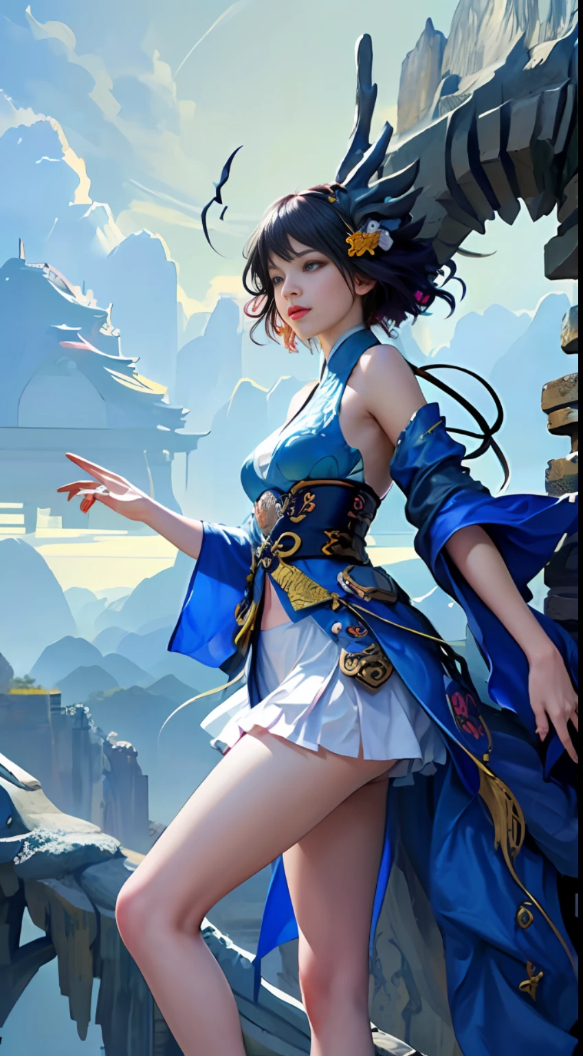Official Art, Unified 8K Wallpapers, Ultra Detailed, Beautiful and Aesthetic, Masterpiece, Best Quality, (Zentangle, Tangle, Entangle), (fractal art: 1.4), (character center: 1.3), 1girl, black hair, Chinese, off-the-shoulders, short skirt, calf, navel, very detailed, dynamic angle, cowboyshot, (most beautiful form of chaos), ethereal, (bright colors), oc, (half: 1.2), china, (thangka flying sky: 1.5), (ribbon: 1.3), (dream: 1.5), (hanfu: 1.5), Chinese dragon, Chinese phoenix, (smile: 0.5), ( Chinese deities),