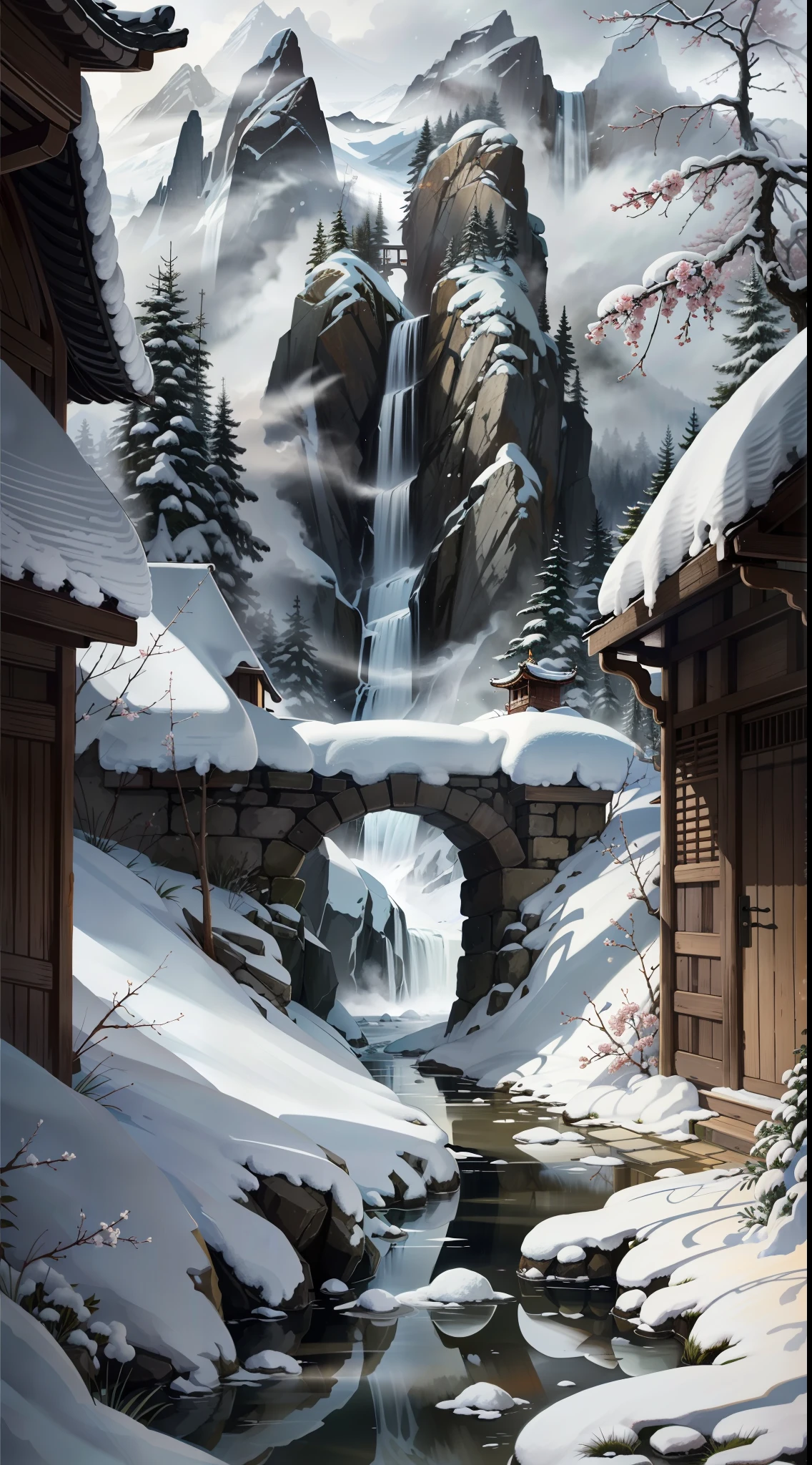 Chinese Ancient Architecture、at winter season、Underwear snow、Plum blossoms are bright、Heavy snow presses pine、lakes、stone、Rockery、archs、nooks、The tree、The runs water、The landscape、waterfallr,(illustratio:1.0)、Epic composition、Virtual and real chiaroscuro composition,Realistic lighting、high definition detail、tmasterpiece、Best quality,(非常详细的 CG 统一 8k 壁纸)