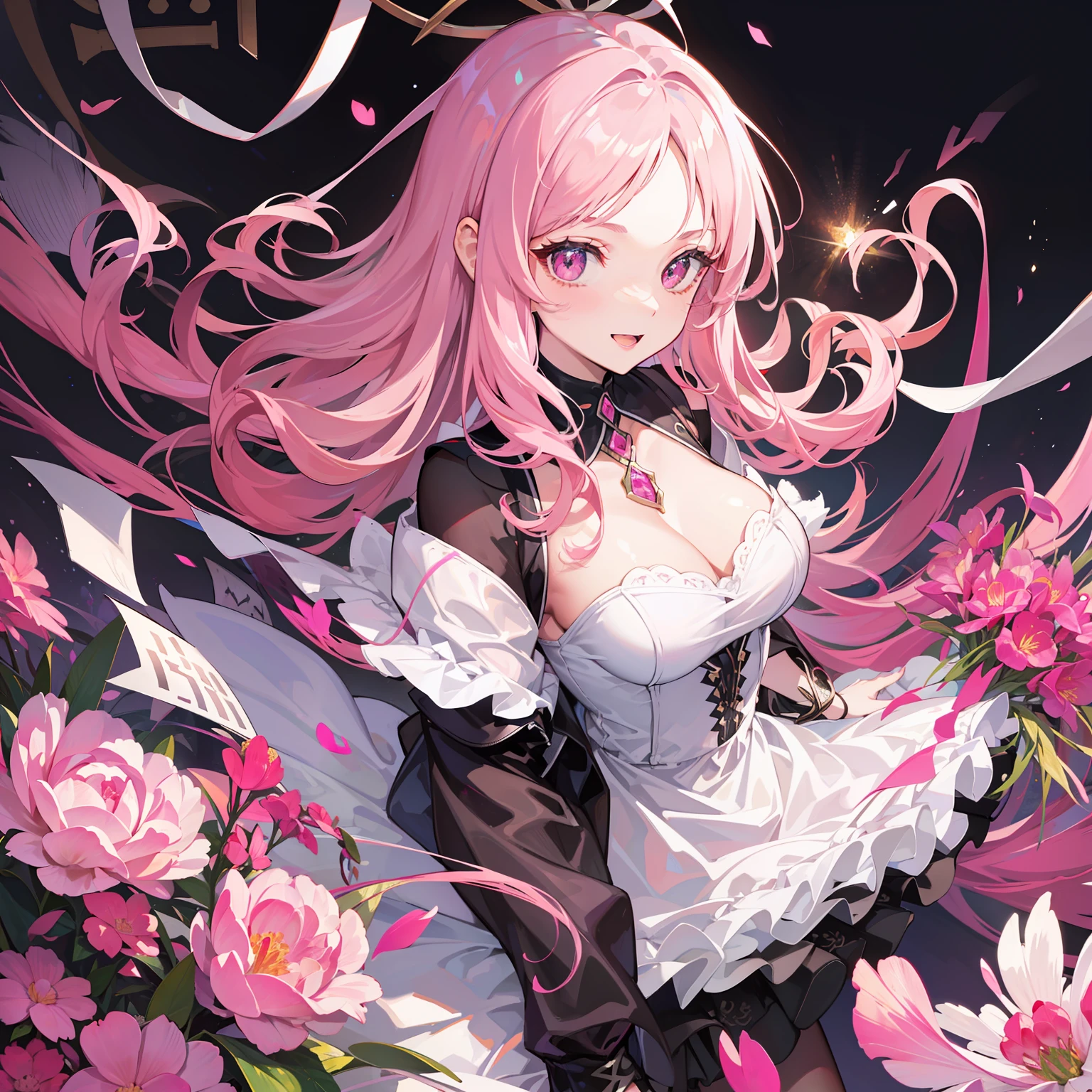 chest out, absurdres, superfine illustration,rainboweffect, highres, ultra detailed,light diffusion,highly detailed light reflection, kaleidoscope, harmonious, best shadow, highly detailed very beautiful big smile face, ;D, beautiful growing crystal diamond star pupil,look at viewer, beautiful detailed hair, solo, dynamic pose, beautiful detailed pink and black ribon, beautiful detailed High school uniform, Fantastic and the whole shines and shooting star and the wind is strong in detail background