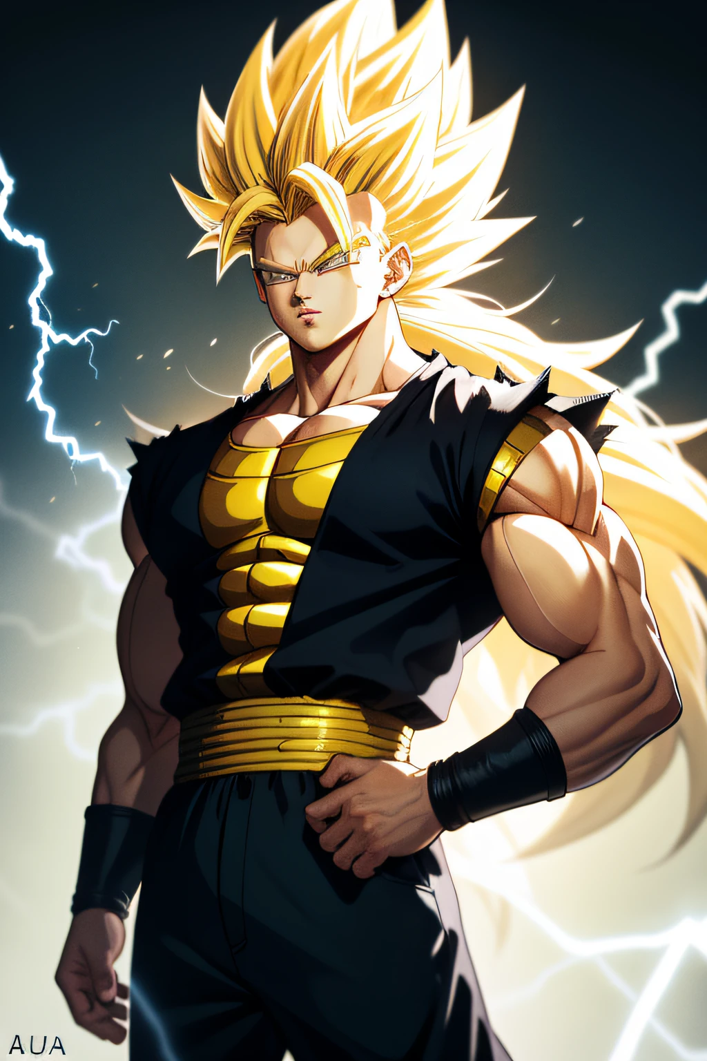 Highly detailed, High Quality, Masterpiece, beautiful, SuperSaiyan, 1boy, solo, cowboy shot, blonde hair, super saiyan, spiked hair, aura, electricity, gigachad, (long hair:1.2)