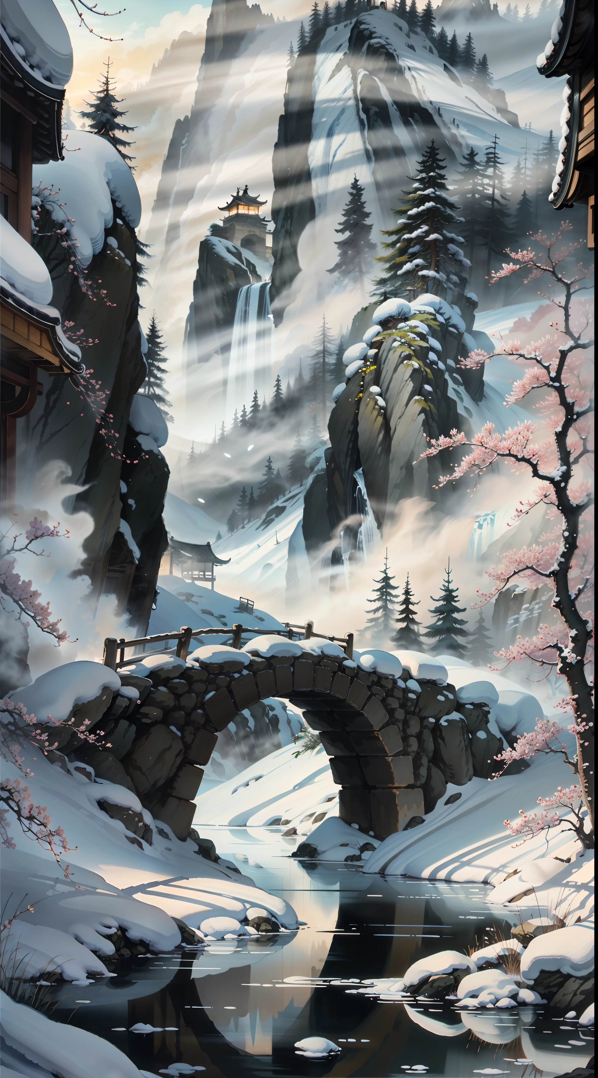 Chinese Ancient Architecture、at winter season、Underwear snow、Plum blossoms are bright、Heavy snow presses pine、lakes、stone、Rockery、archs、nooks、The tree、The runs water、The landscape、waterfallr,(illustratio:1.0)、Epic composition、Virtual and real chiaroscuro composition,Realistic lighting、high definition detail、tmasterpiece、Best quality,(非常详细的 CG 统一 8k 壁纸)