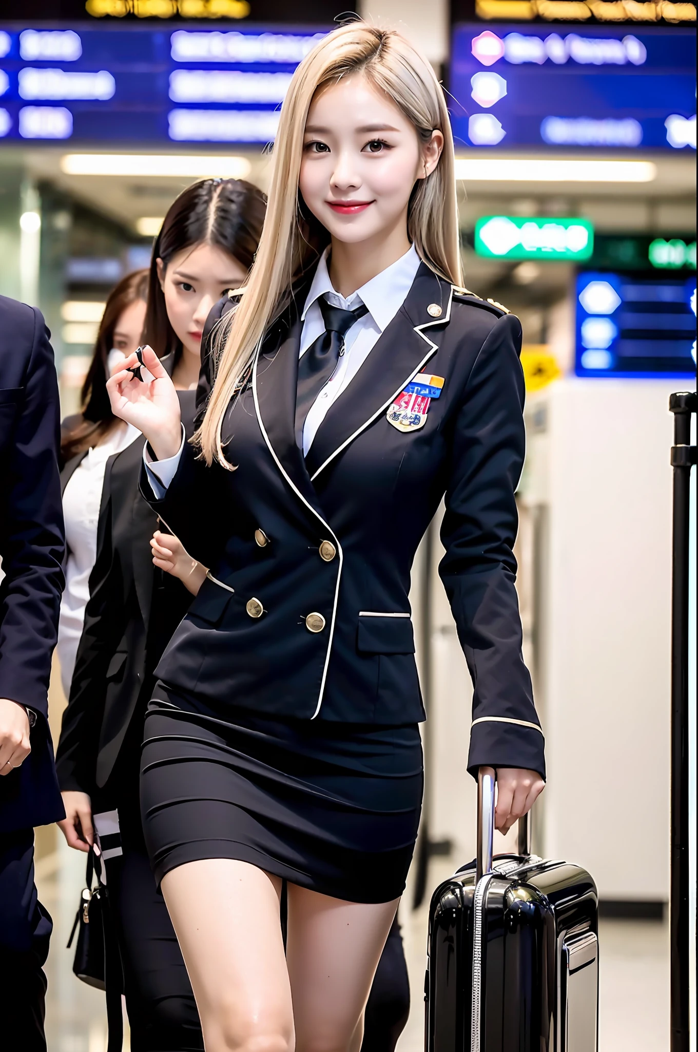 1 girl, (photorealistic, high resolution: 1.4), full body (8k, RAW photo, top quality, masterpiece: 1.2), (realistic, photorealistic): 1.37), ((white skin: 1.2), busty, 20 year old girl, alone, viewer's gaze, (middle hair: 1.5), airplane, airport, stewardess uniform, formal jacket, real, (masterpiece: 1.4), ( Best Quality: 1.4), (Glossy Skin), Smile (Skinny, Mouth Closed, Shy: 1.3), Mini Skirt, Open Legs