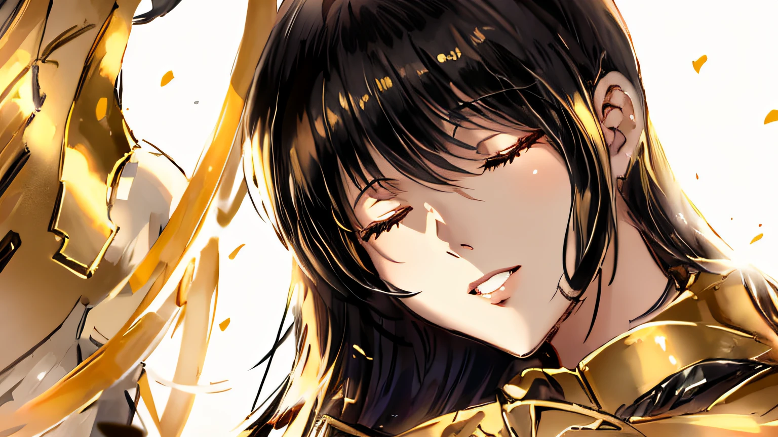 A beautiful woman with black hair with closed eyes leaned against a man in armor in golden armor,