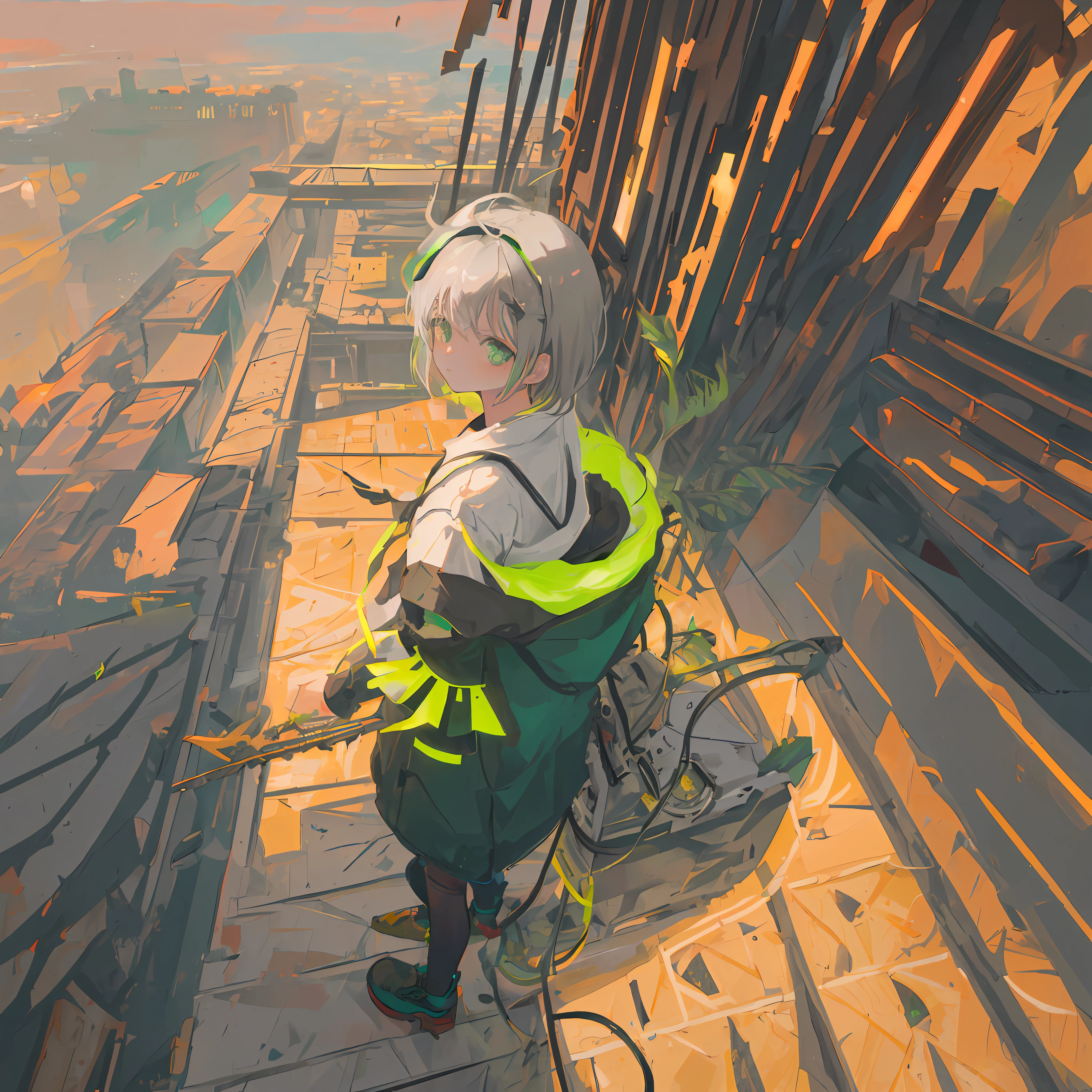 (((masterpiece))), (((best quality))), (((ultra-detailed))), illustration, straight on, face focus, 1girl, green eyes, short hair, hair, mechanical wings, serene expression, looking at viewer,ruins, city, bridge, future style \(module\), grey hair, mechanical tail, from above, cinematic angle,nigh, neon lights, haze, moss,