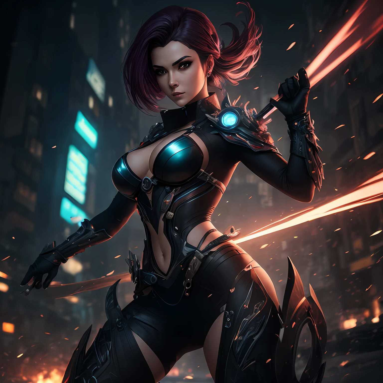 uma mulher, witchblade's like, in dynamic combat poses, Sensual camera angles, Hair-shaped blades fluttering like ribbons of fabric, metal esverdeado, cabelos ultra realistas, High quality 3D Rendering, asymmetric hair, fios em movimento, fios detalhados, Olhos perfeito, Seios enormes, Estilo cyberpunk, ethereal beauty, cinematiclighting, papel de parede 8k --auto