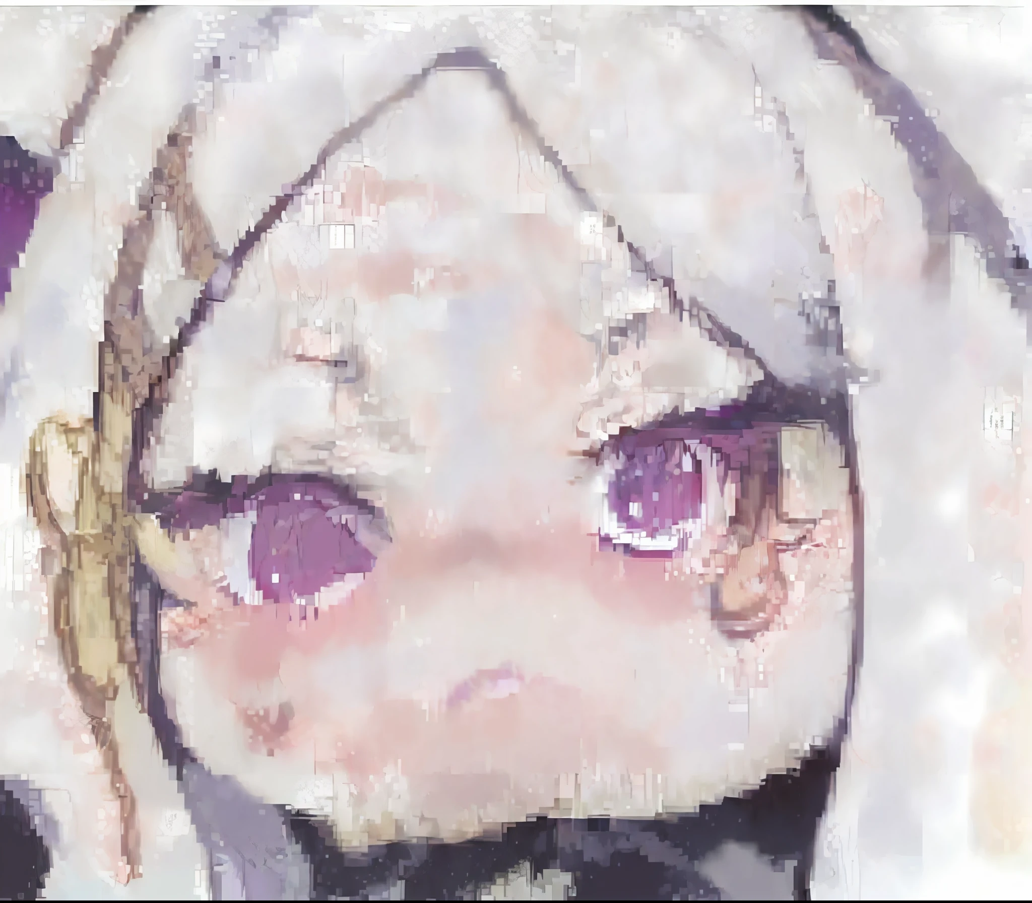 anime girl with white hair and purple eyes wearing a white hoodie, ahegao face, with huge luminous sad eyes, ahegao, smiling wryly, & her expression is solemn, stern expression, squinting, Sleepy expression, she has a cute expressive face, tired and haunted expression, she has tired eyes, slightly happy facial expression, tired haunted expression