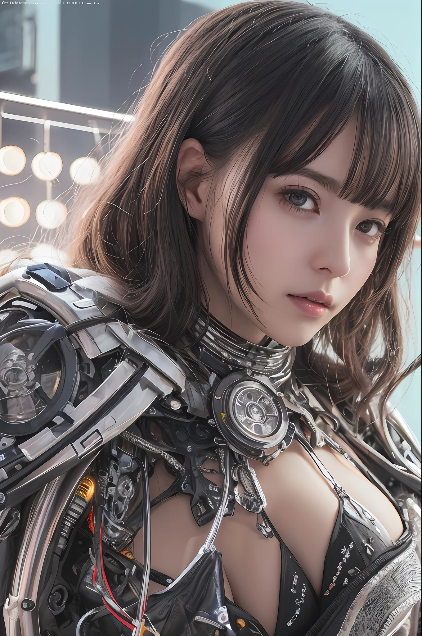 beste-Qualit、masterpiece、Super-High Resolution、(photorealisitc:1.4)、Raw photo、女の子1人、Black hair、glowy skin、Sexy Cyberpunk Girl、((Ultra Realistic Detail))、portlate、Global Illumination、Shadow、octan render、in 8K、ultrasharp、hugetits、hugetits、((perfect chest:1.4))、((Very soft breasts))、hyperdetailed face、Raw skin is exposed in cleavage、Details of complex ornaments、Gothloli details、Glass Parts、Glass Tube、Glass cover、Fiberglass、Luminous tube、Nixie Kan、vacuum tubes、Analog Meter、highly intricate detail、Realistic light、CGSoation Trends、purple-eyed、radiant eyes、Facing the camera、neon details、Mechanical limbs、blood vessels connected to tubes、Mechanical vertebrae attached to the back、mechanical cervical attaching to neck、sitting on、Wires and cables connecting to the head、Small LED lamp、Cyberpunk Hotel、