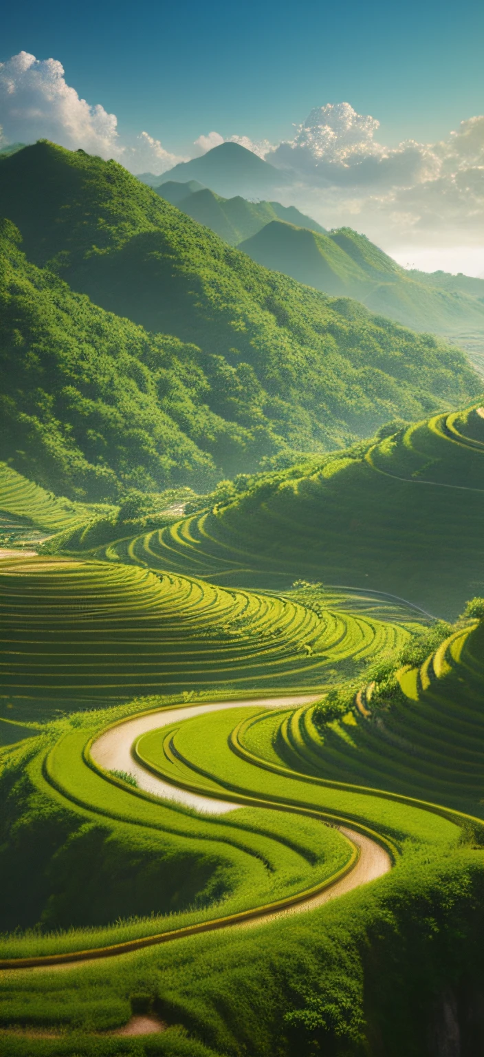 arafed view of a winding road in a valley with a mountain in the background, grass spiral mountain landscape, rice paddies, amazing landscape, futuristic valley, terraced, rolling green hills, terraced orchards and ponds, breathtaking landscape, made of tree and fantasy valley, beautifully lit landscape, natural landscape beauty, shadows. asian landscape, peaceful landscape, stunning landscape