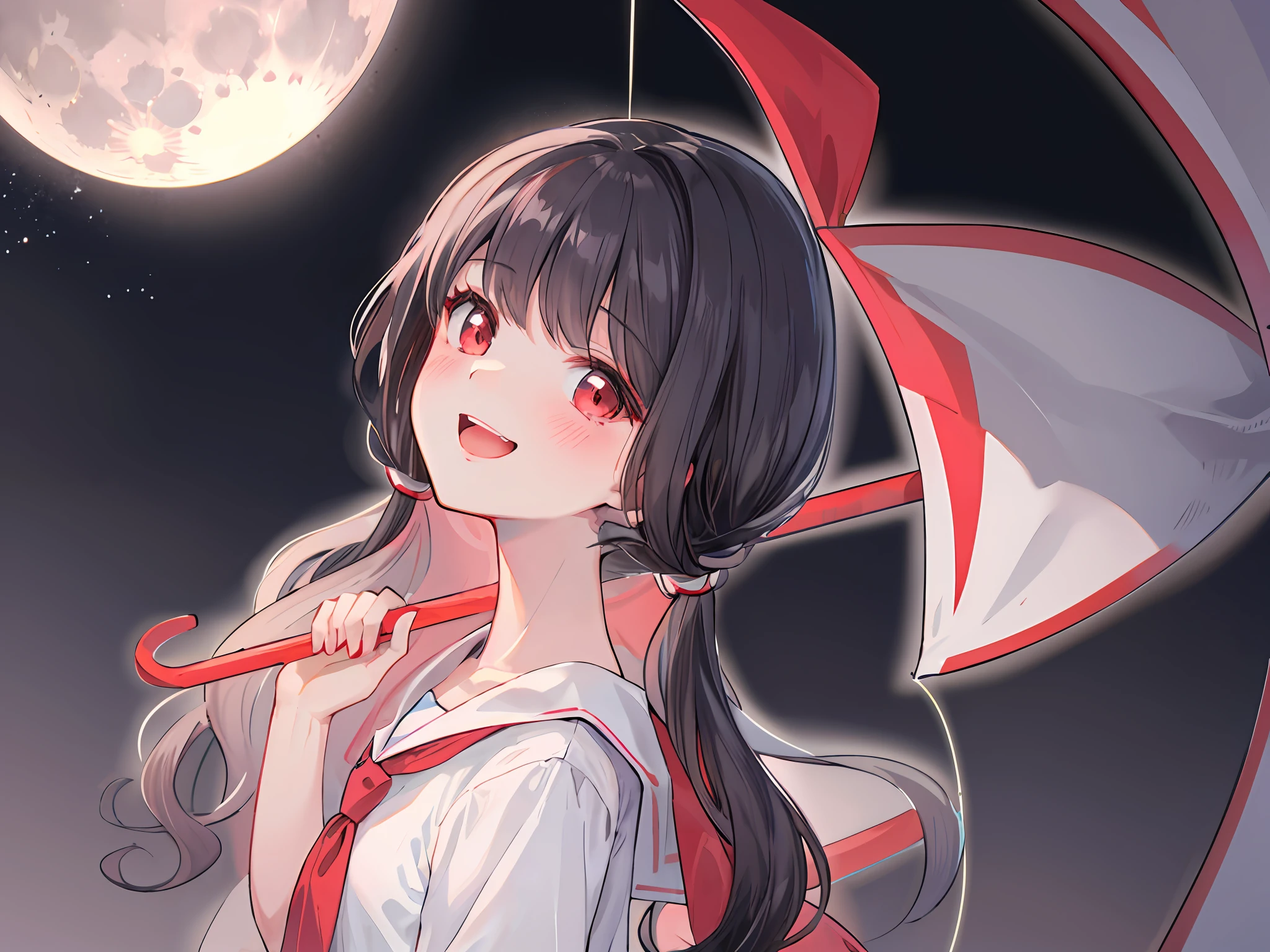 black hair color, high quality, anime girl, red eyes, laughing, blush, seductive eyes, school uniform, outdoor, night, moon